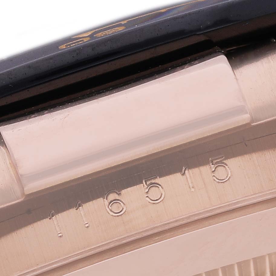 The image shows a close-up of the side edge, including the model number, of a Rolex Daytona 116515 Men's Rose Gold Brown Dial 116515 Men's Rose Gold Brown Dial watch.