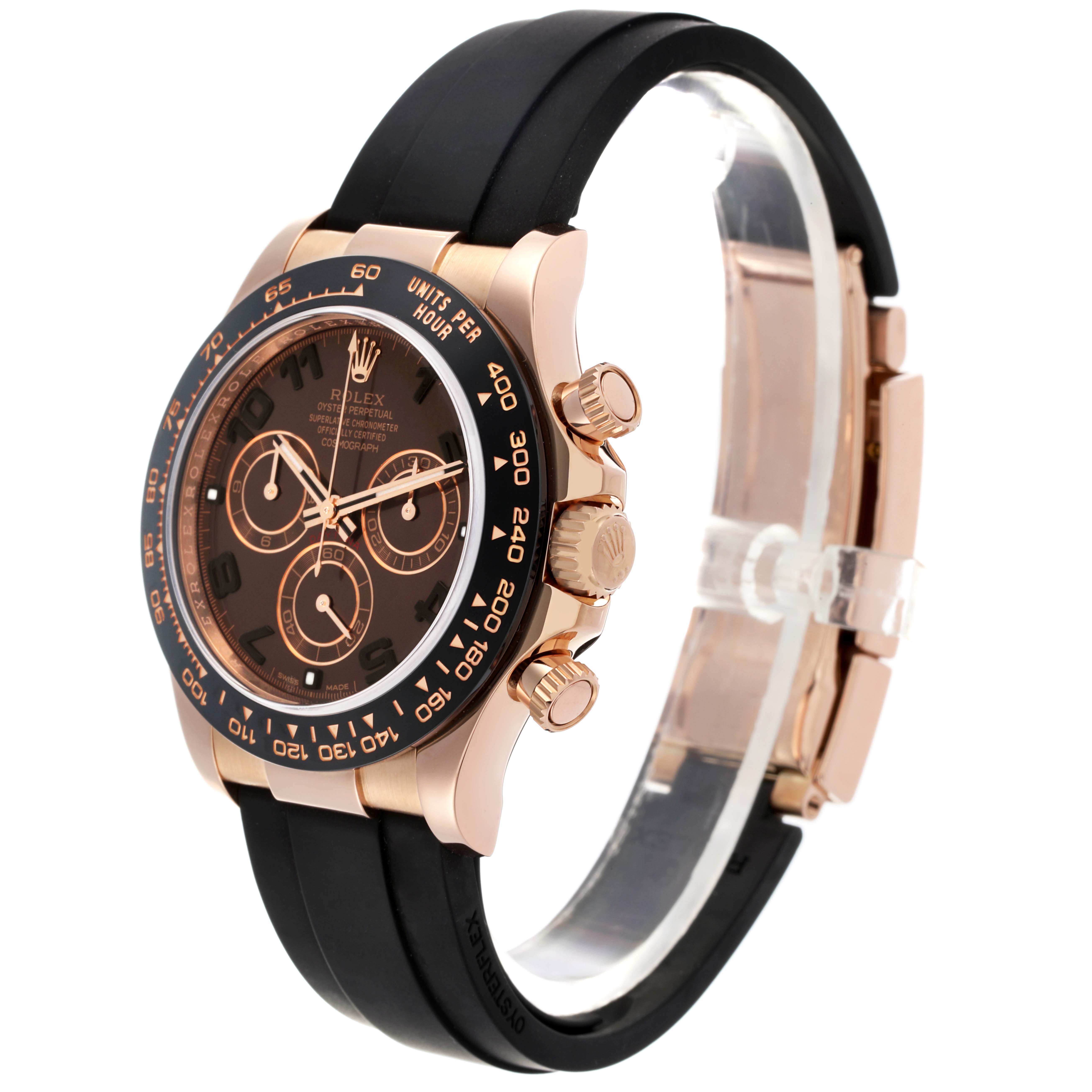 The Rolex Daytona 116515 Men's Rose Gold Brown Dial 116515 Men's Rose Gold Brown Dial watch is shown at a three-quarter angle, highlighting the bezel, crown, and strap.