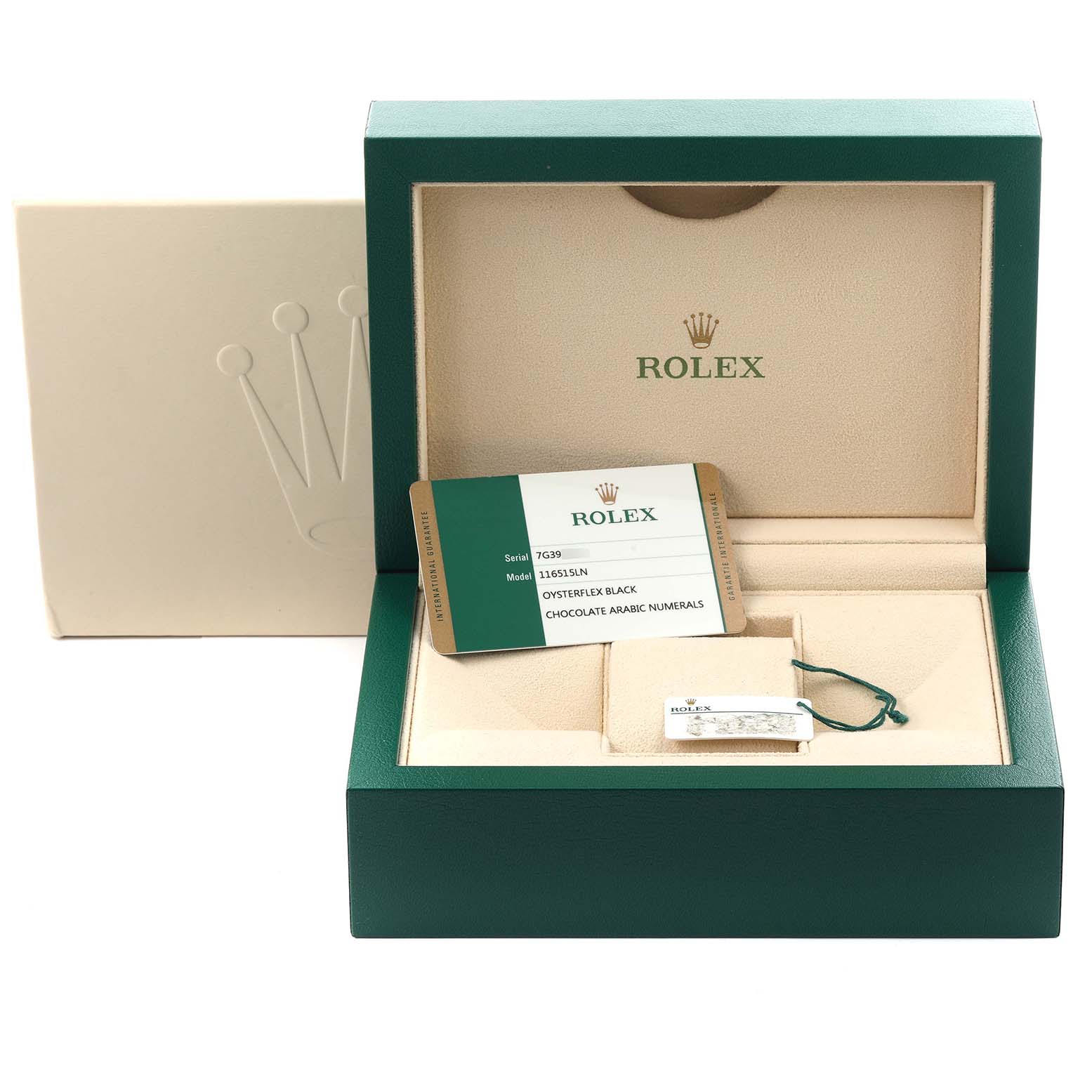 The image shows an open Rolex Daytona 116515 Men's Rose Gold Brown Dial 116515 Men's Rose Gold Brown Dial box with a card and tag, featuring the brand and model prominently.