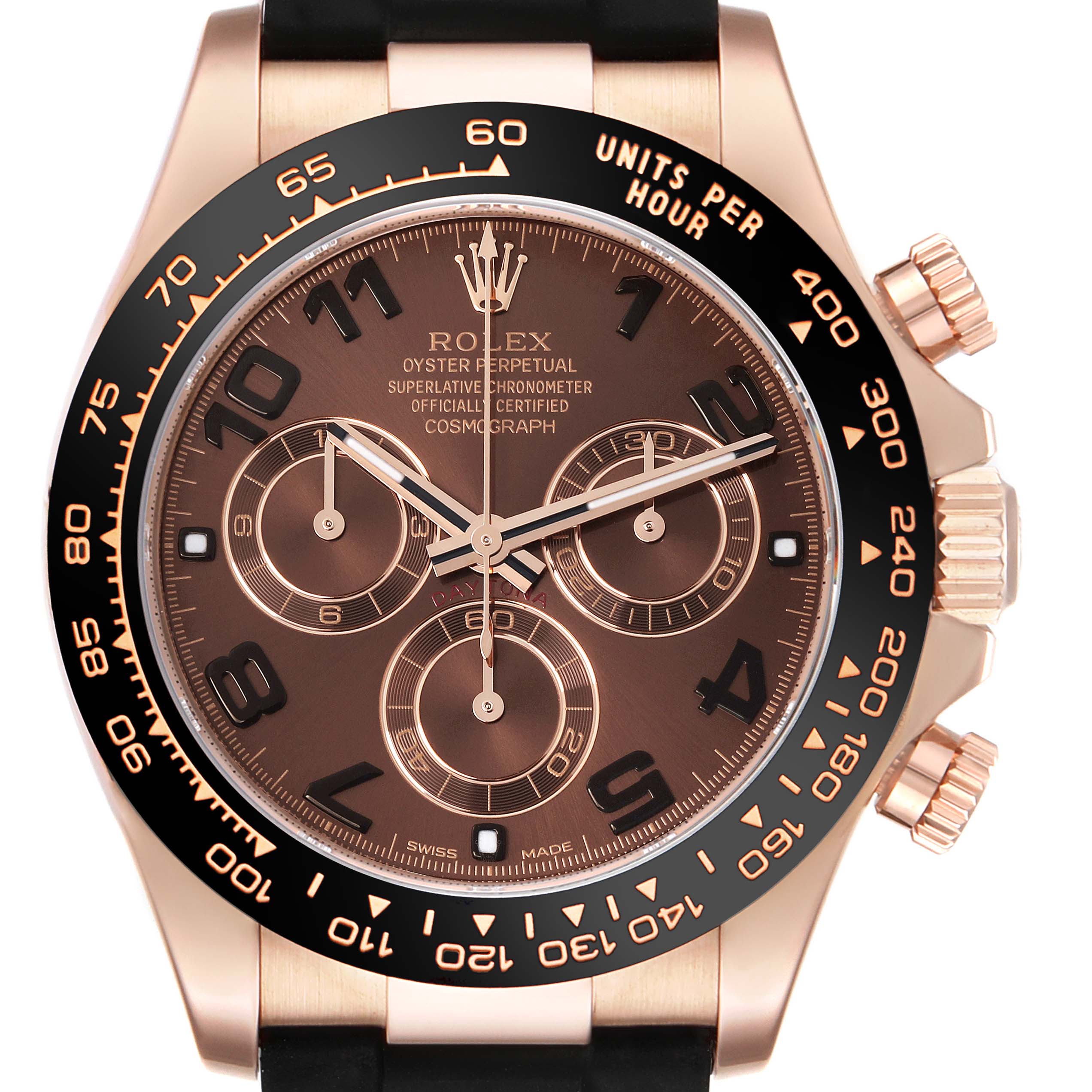 The image shows a frontal view of the Rolex Daytona 116515 Men's Rose Gold Brown Dial 116515 Men's Rose Gold Brown Dial watch, highlighting the dial, bezel, and crown.