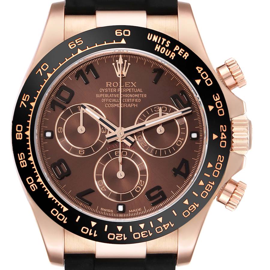 The image shows a frontal view of the Rolex Daytona watch, highlighting the dial, bezel, and crown.