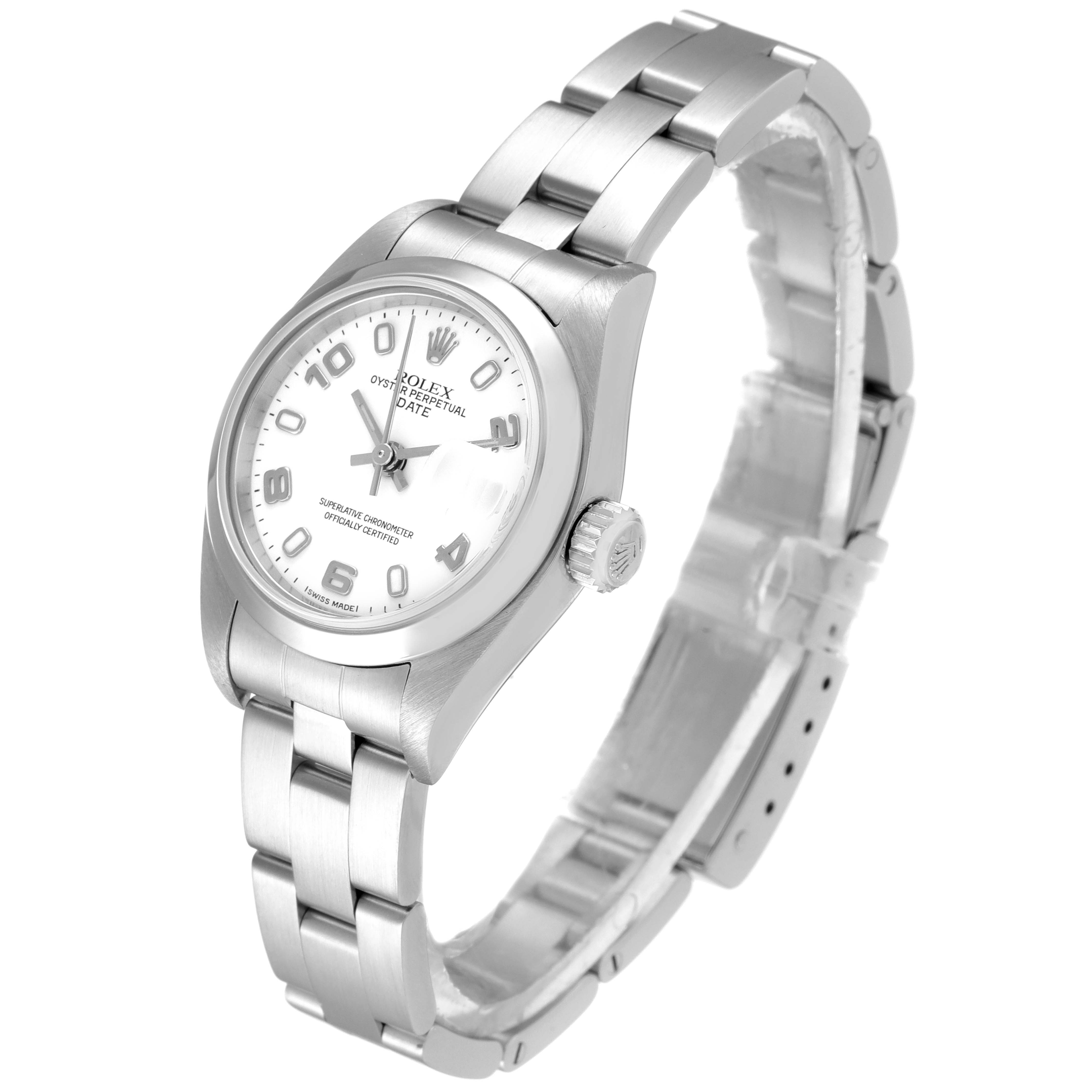 This image shows a Rolex Date 79160 Women's Stainless Steel White Dial 79160 Women's Stainless Steel White Dial model watch, displaying its face, bezel, crown, and stainless steel bracelet at an angled view.