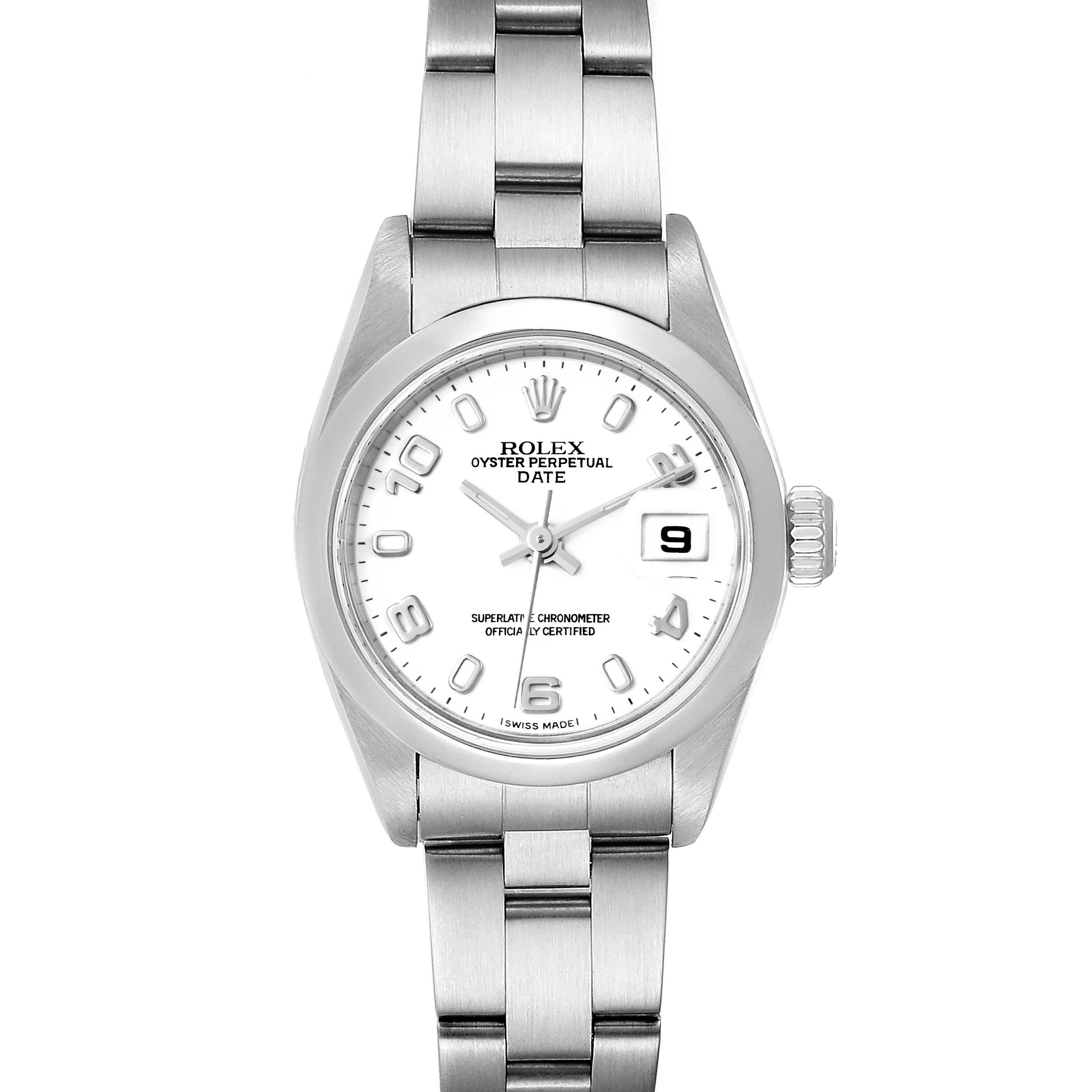 The image shows a frontal view of a Rolex Oyster Perpetual Date watch, highlighting its dial, bezel, crown, and bracelet.