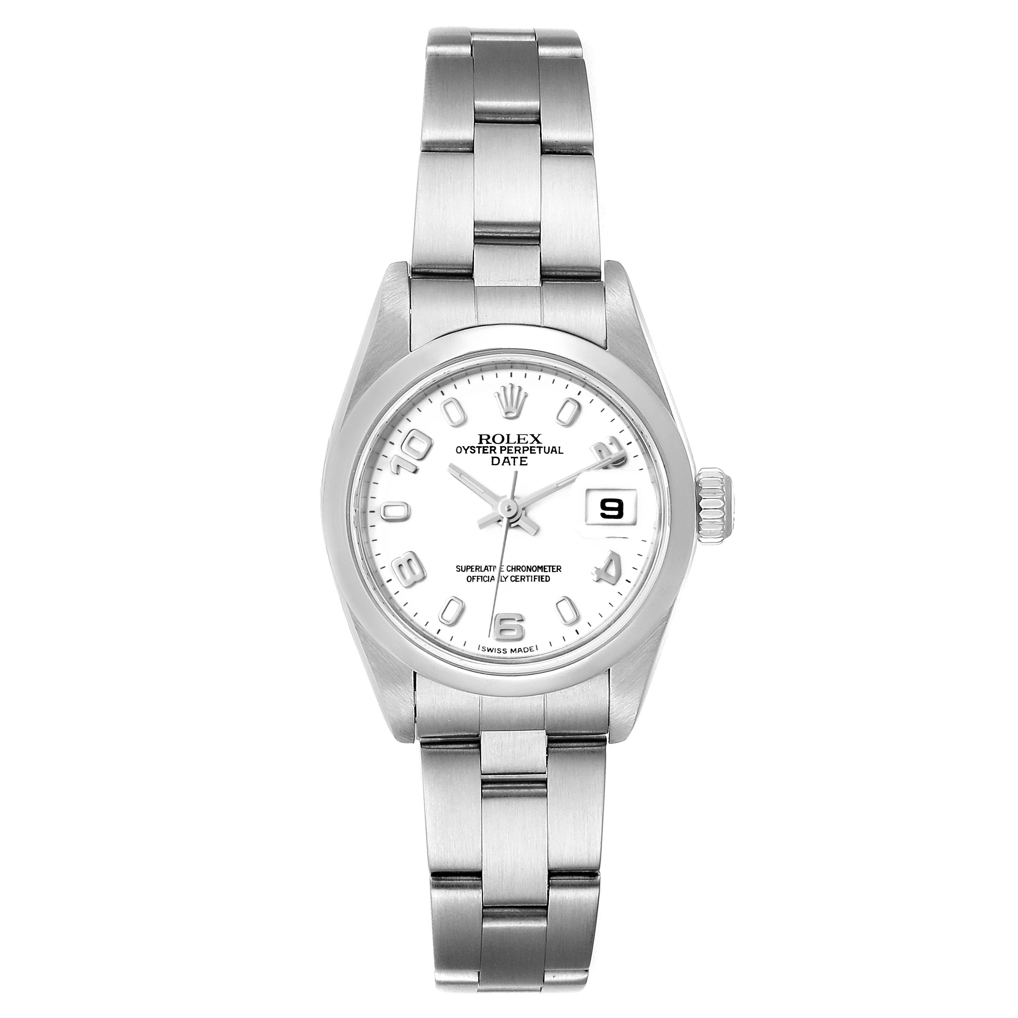 The image shows a frontal view of a Rolex Date 79160 Women's Stainless Steel White Dial 79160 Women's Stainless Steel White Dial model watch, highlighting its bracelet, dial, and date window.