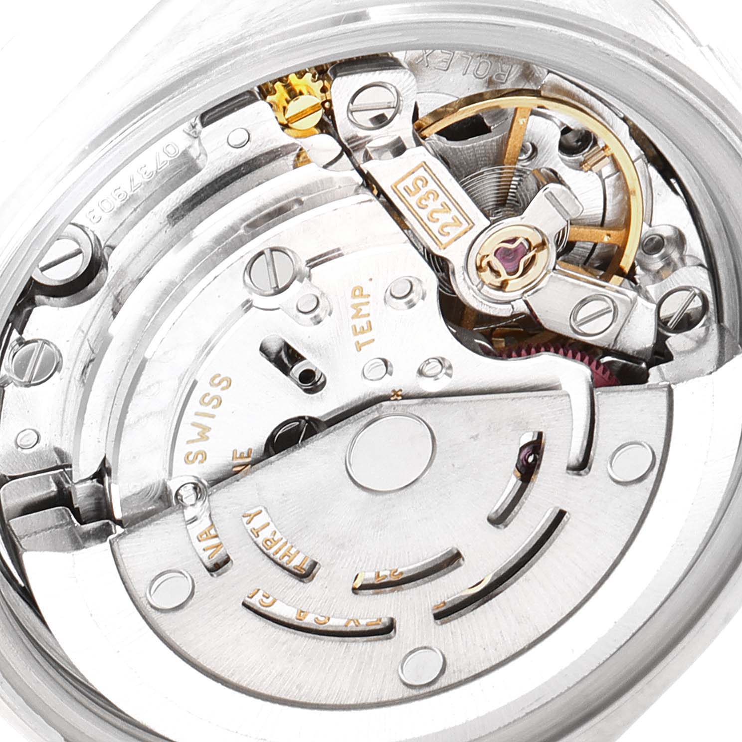 This image shows a close-up of the movement mechanism of the Rolex Date 79160 Women's Stainless Steel White Dial 79160 Women's Stainless Steel White Dial model watch.