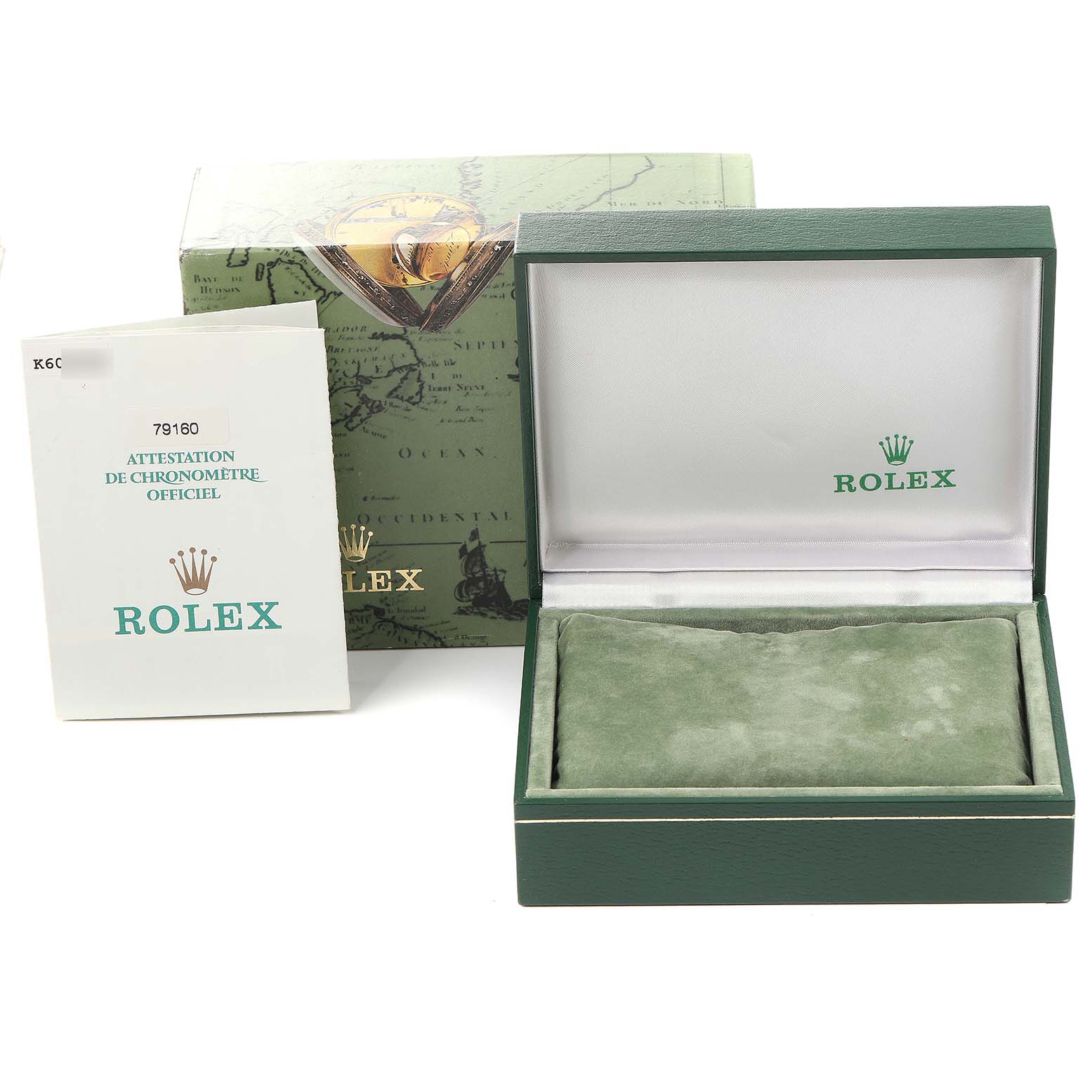 The image shows the box and certificate for a Rolex Date 79160 Women's Stainless Steel White Dial 79160 Women's Stainless Steel White Dial model watch, with the box open and the paperwork displayed.