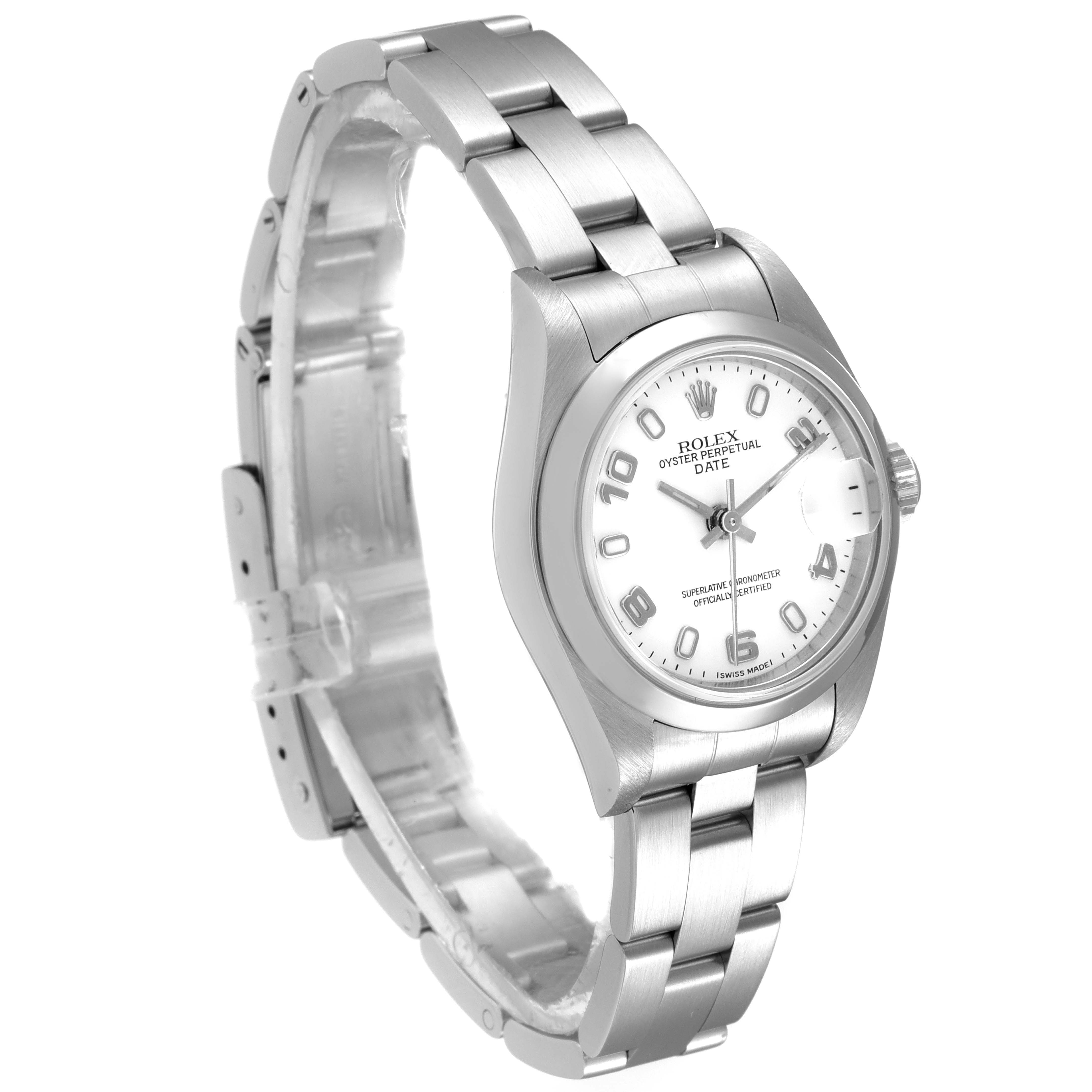 This image shows the front angle of a Rolex Date 79160 Women's Stainless Steel White Dial 79160 Women's Stainless Steel White Dial model watch, displaying the dial, bezel, bracelet, and clasp.