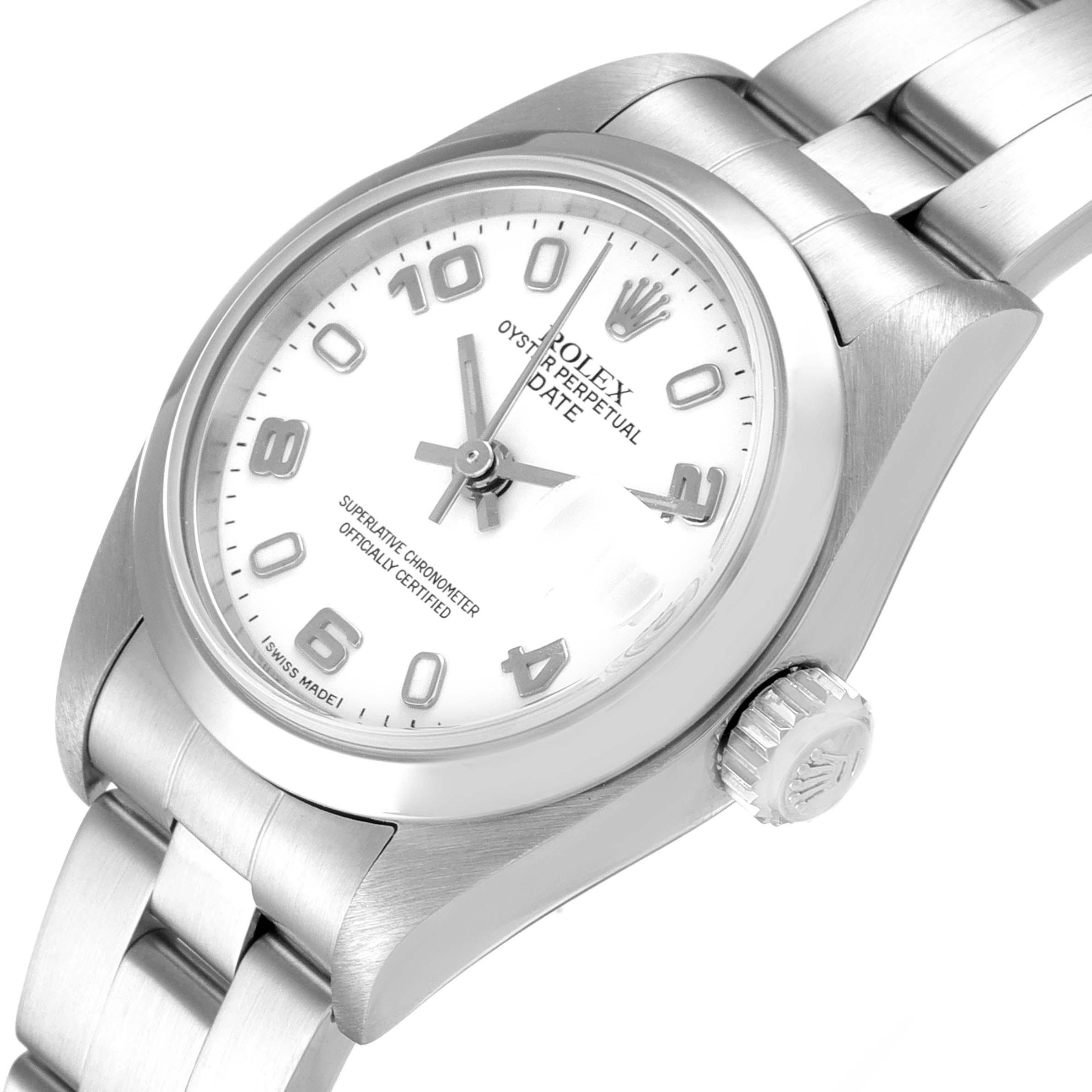 The image shows a Rolex Date 79160 Women's Stainless Steel White Dial 79160 Women's Stainless Steel White Dial model watch from an angled close-up view, displaying the dial, side crown, and part of the bracelet.