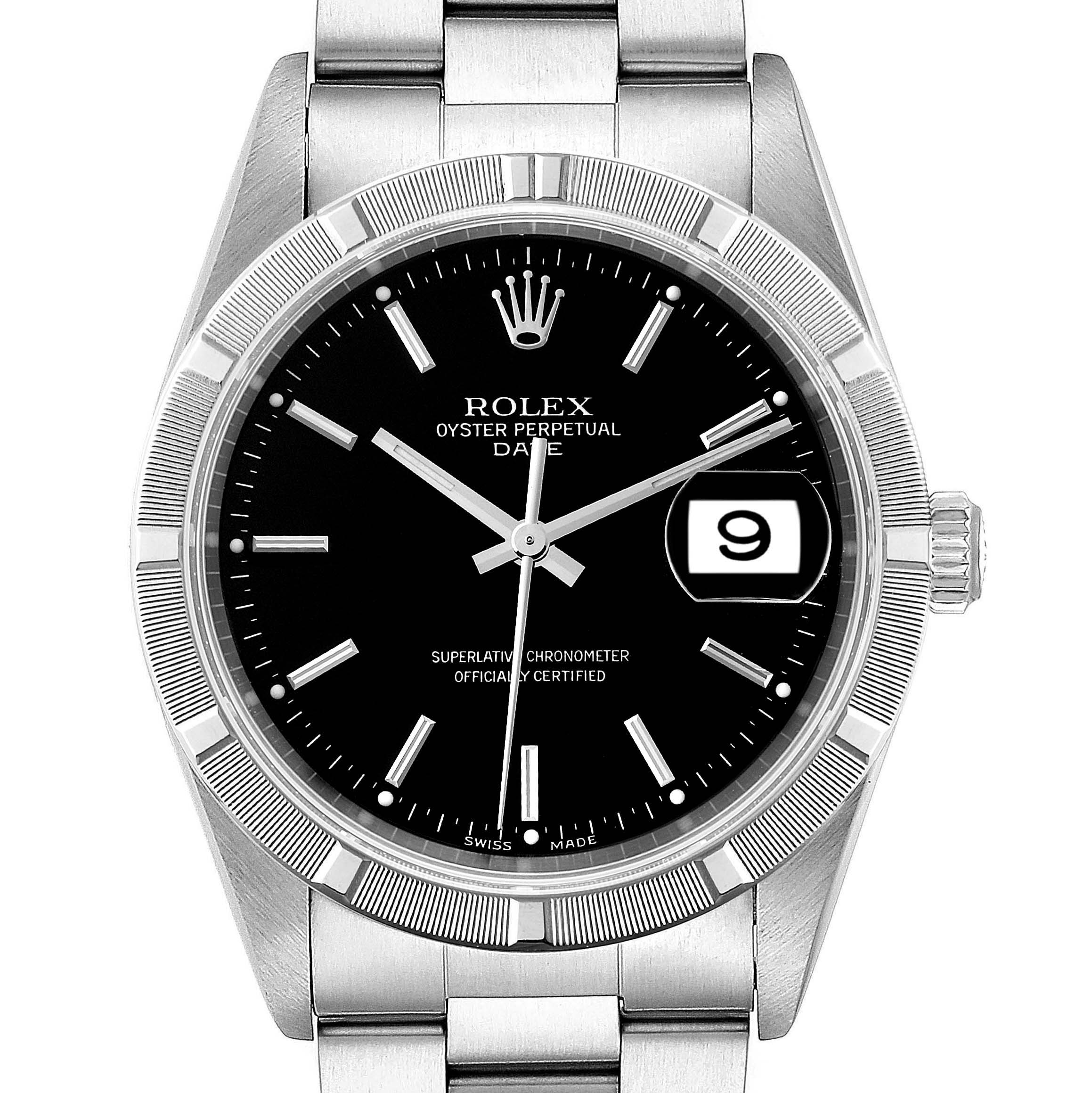 This image shows a Rolex Date 15210 Men's Stainless Steel Black Dial 15210 Men's Stainless Steel Black Dial model watch face and part of the stainless steel bracelet from a front angle.