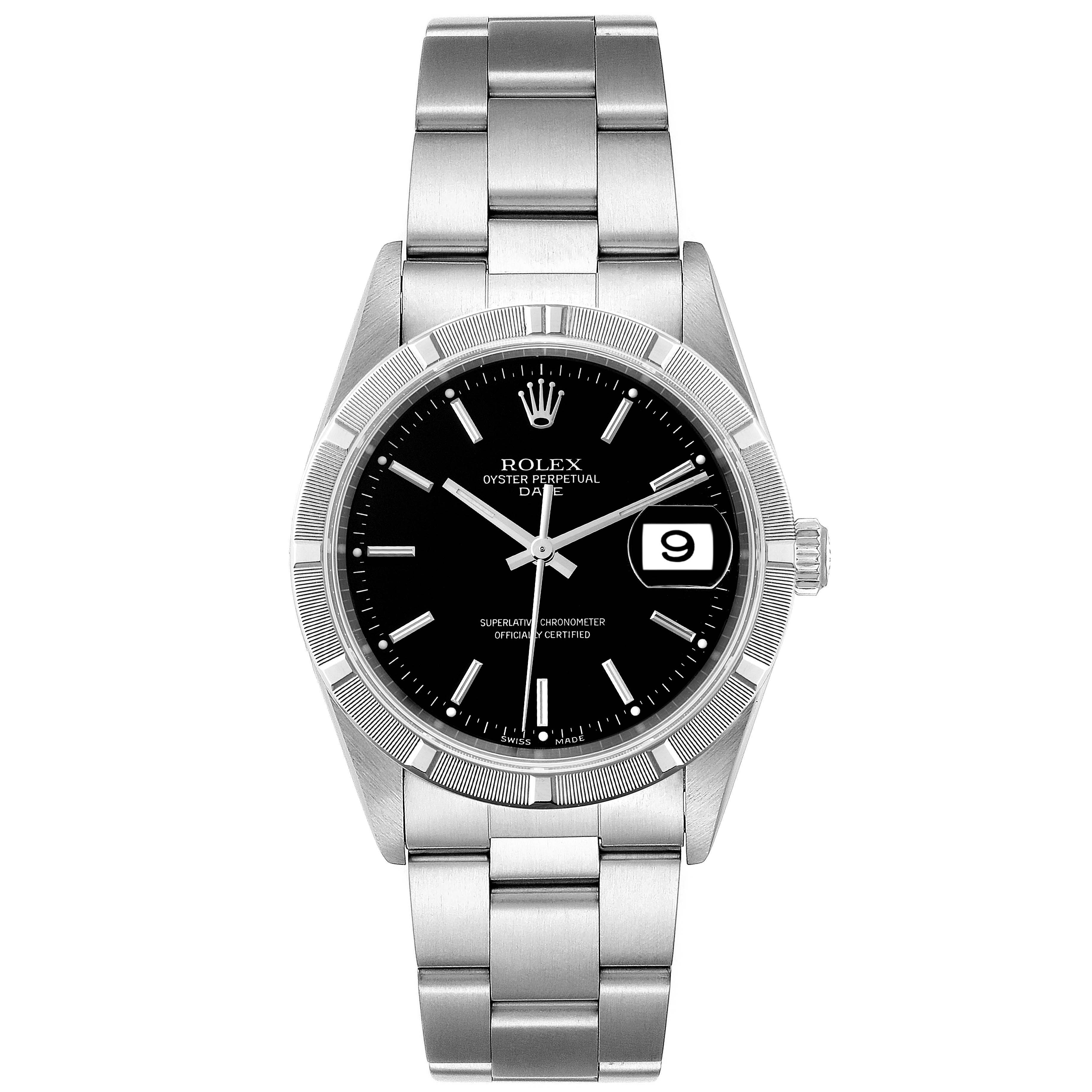 The image shows a front view of a Rolex Oyster Perpetual Date watch, highlighting its dial, bezel, case, and bracelet.
