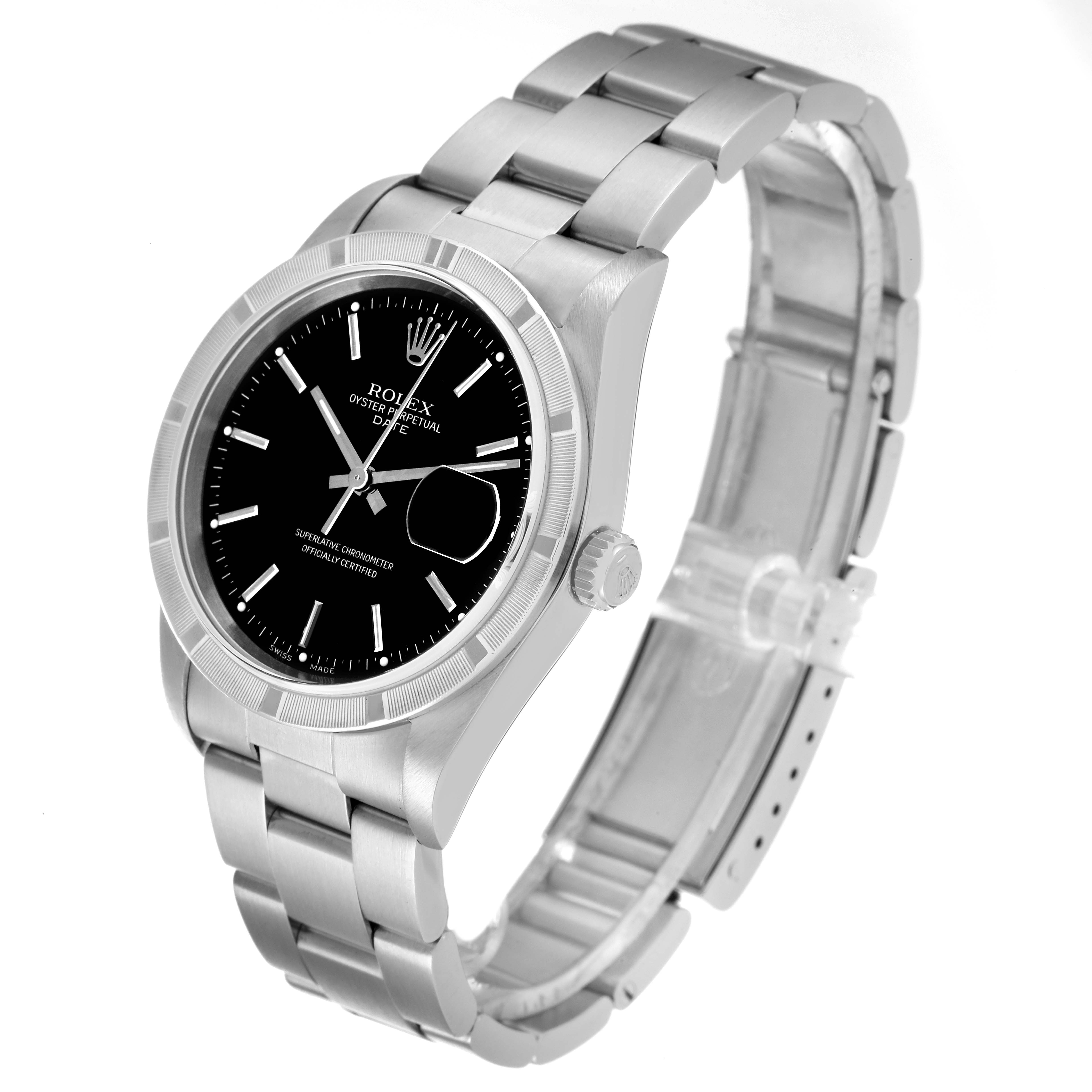 The Rolex Date 15210 Men's Stainless Steel Black Dial 15210 Men's Stainless Steel Black Dial model watch is shown in a three-quarter angle, highlighting its dial, bezel, bracelet, and crown.