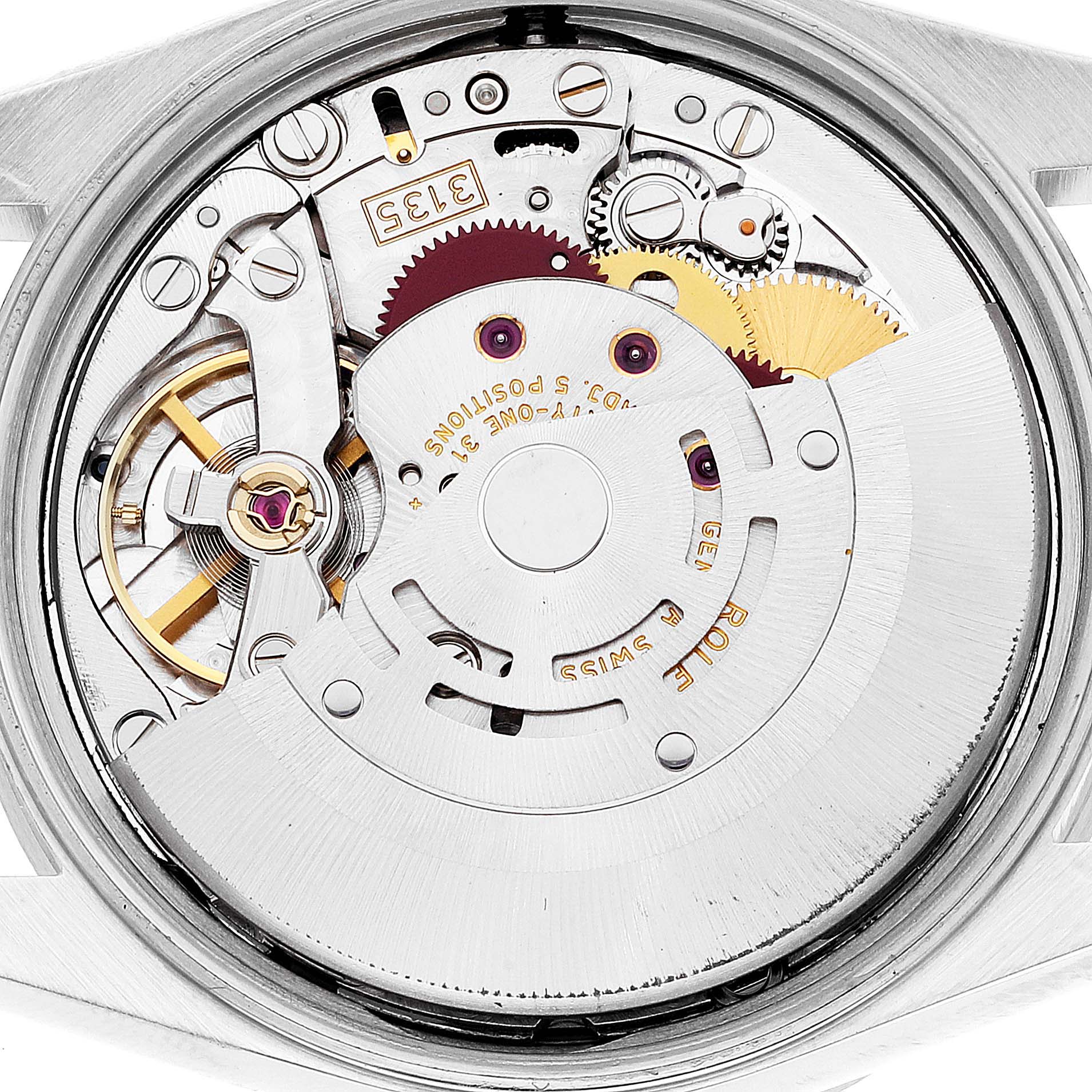 This image shows the inner mechanism or movement of a Rolex Date 15210 Men's Stainless Steel Black Dial 15210 Men's Stainless Steel Black Dial model watch.