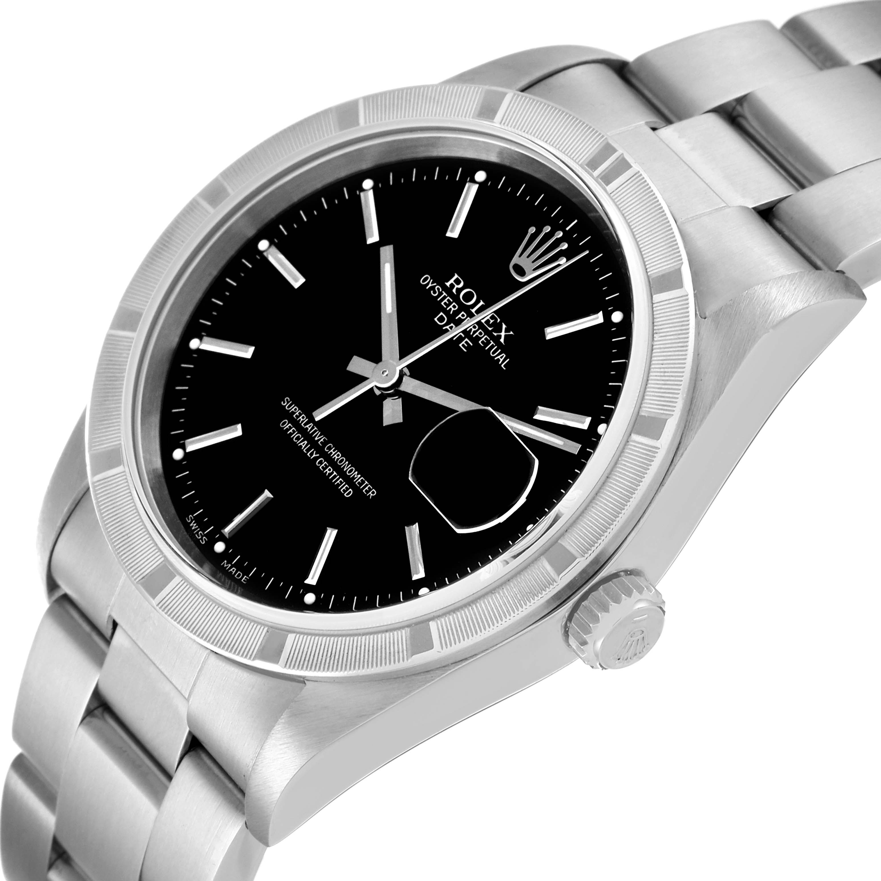 The image displays a Rolex Date 15210 Men's Stainless Steel Black Dial 15210 Men's Stainless Steel Black Dial model watch at an oblique angle, focusing on the face, bezel, crown, and part of the bracelet.