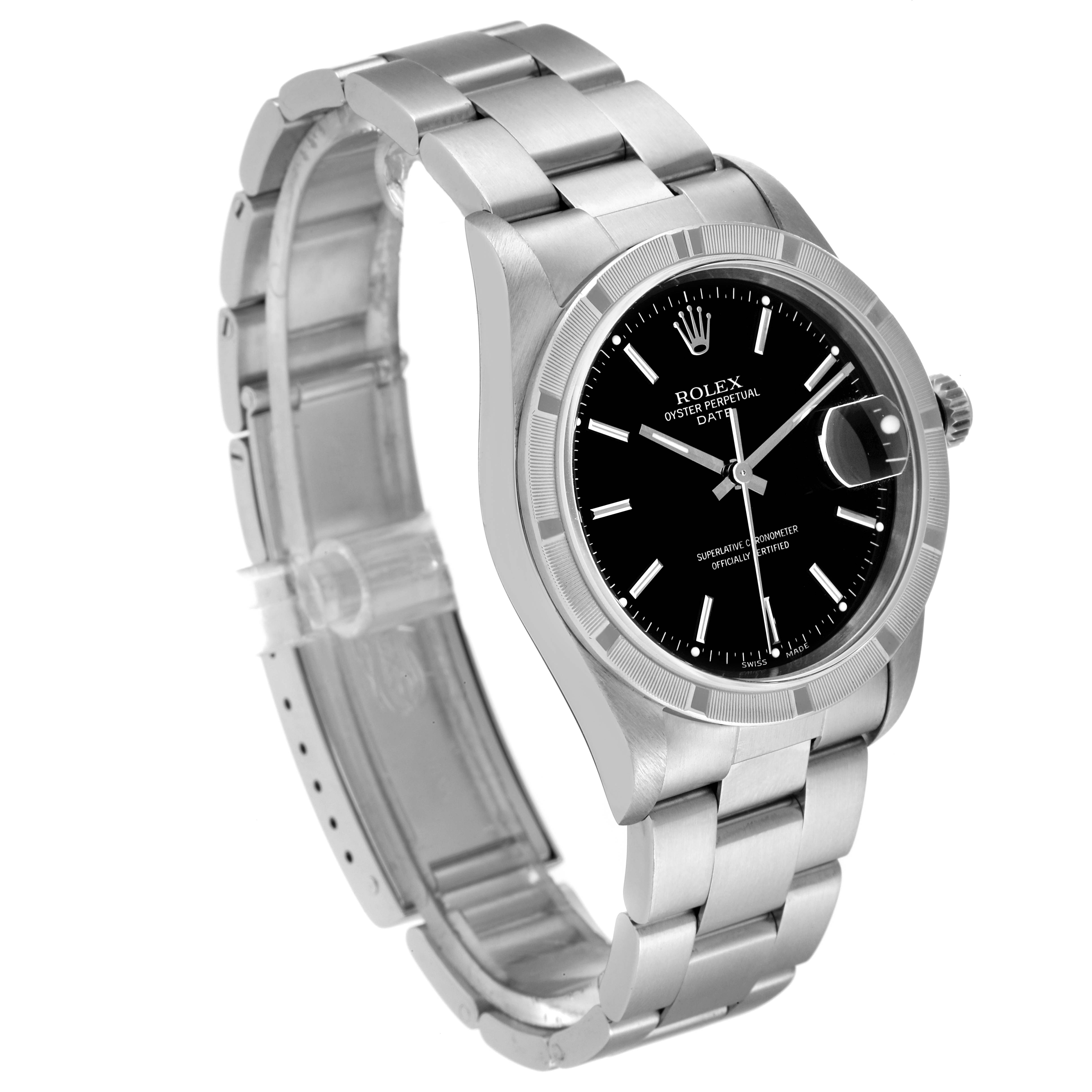 The image shows a Rolex Date 15210 Men's Stainless Steel Black Dial 15210 Men's Stainless Steel Black Dial model watch angled from the side, highlighting the face, bezel, and bracelet.