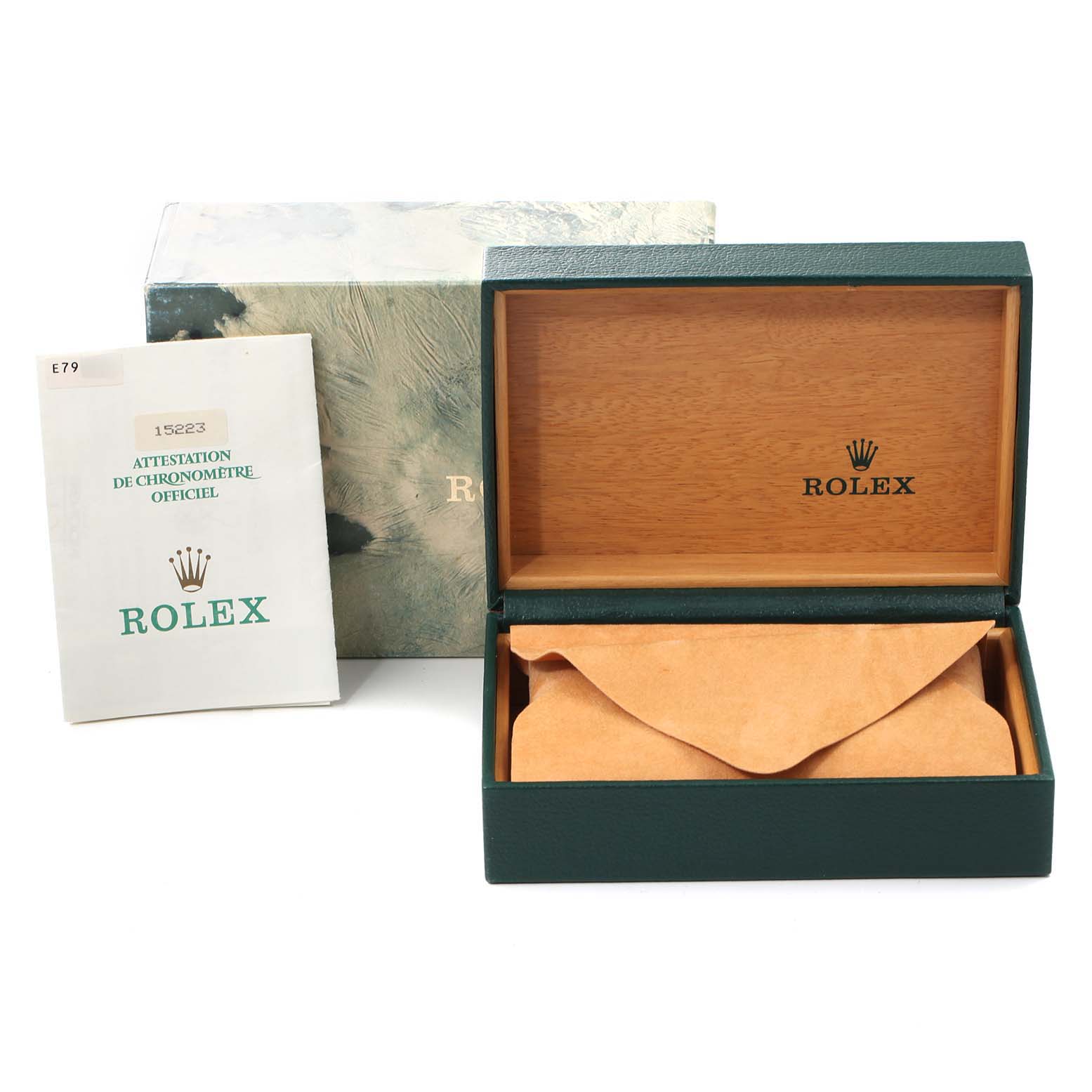 The image depicts the packaging and accessories for the Rolex Date 15223 Men's Steel and Gold (two tone) Silver Dial 15223 Men's Steel and Gold (two tone) Silver Dial model watch, including the box and certificate.