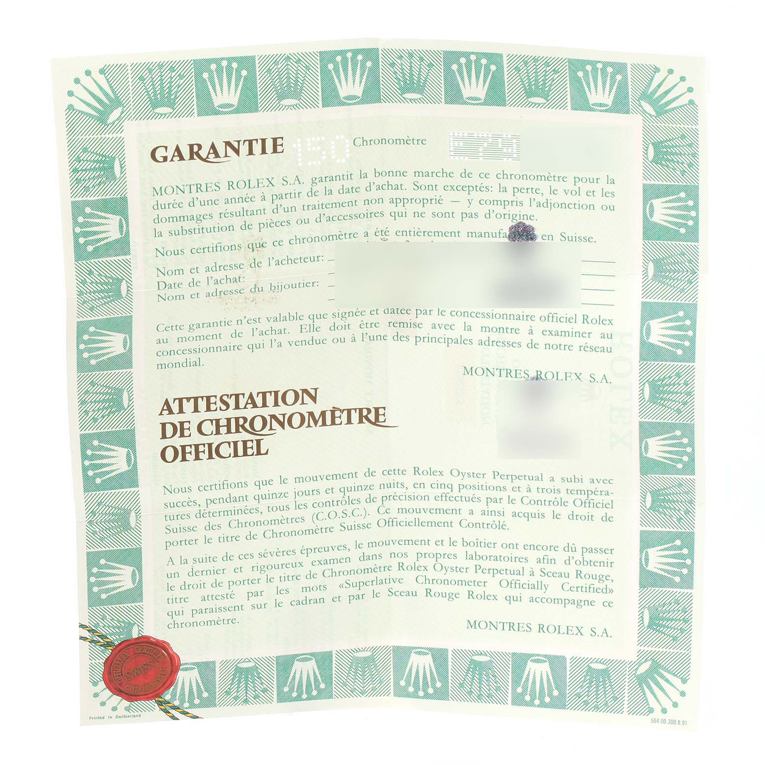 The image shows a warranty certificate and chronometer certification for a Rolex Date 15223 Men's Steel and Gold (two tone) Silver Dial 15223 Men's Steel and Gold (two tone) Silver Dial model watch.