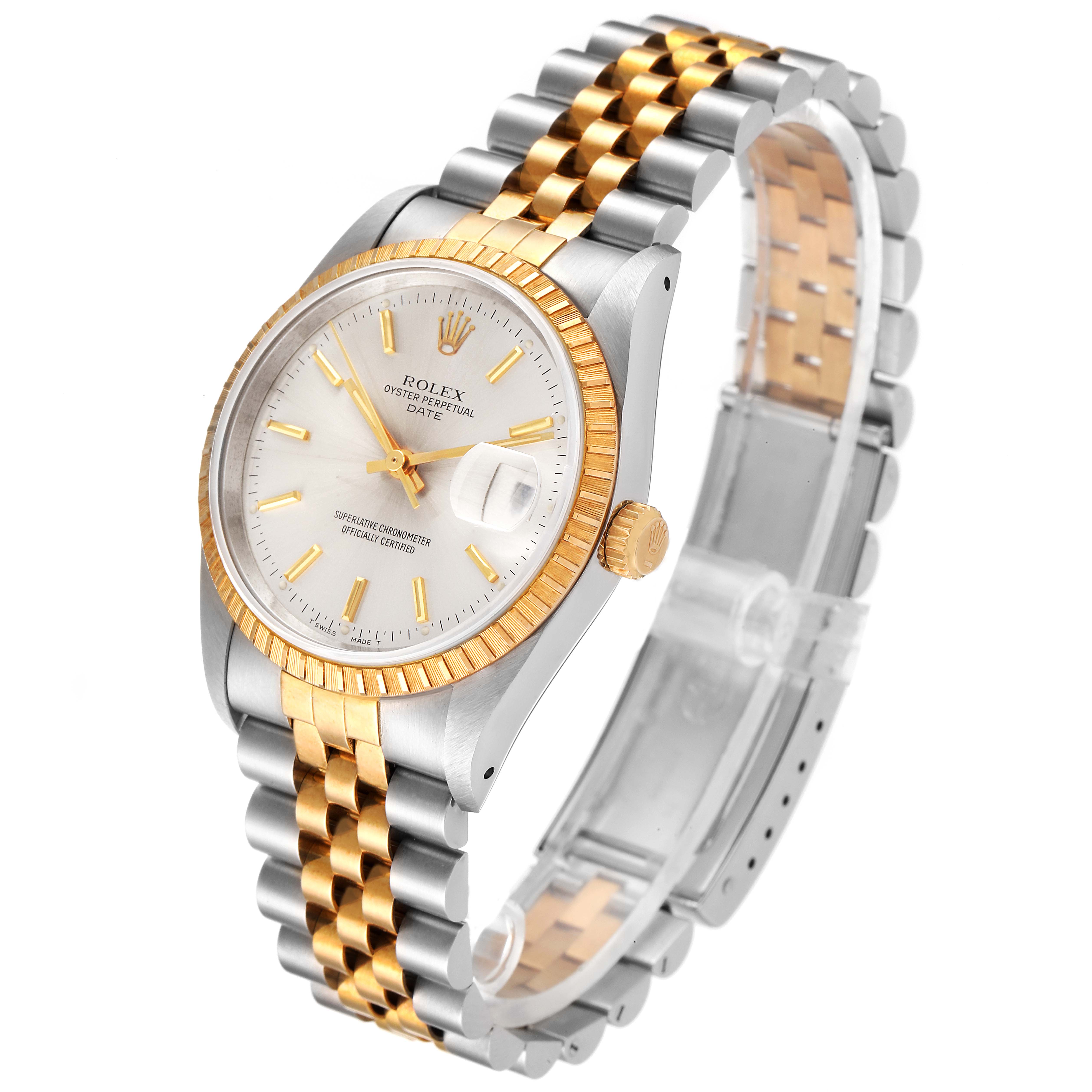 This image shows a Rolex Date 15223 Men's Steel and Gold (two tone) Silver Dial 15223 Men's Steel and Gold (two tone) Silver Dial model watch featuring a two-tone bracelet, fluted bezel, and white dial with gold hour markers.