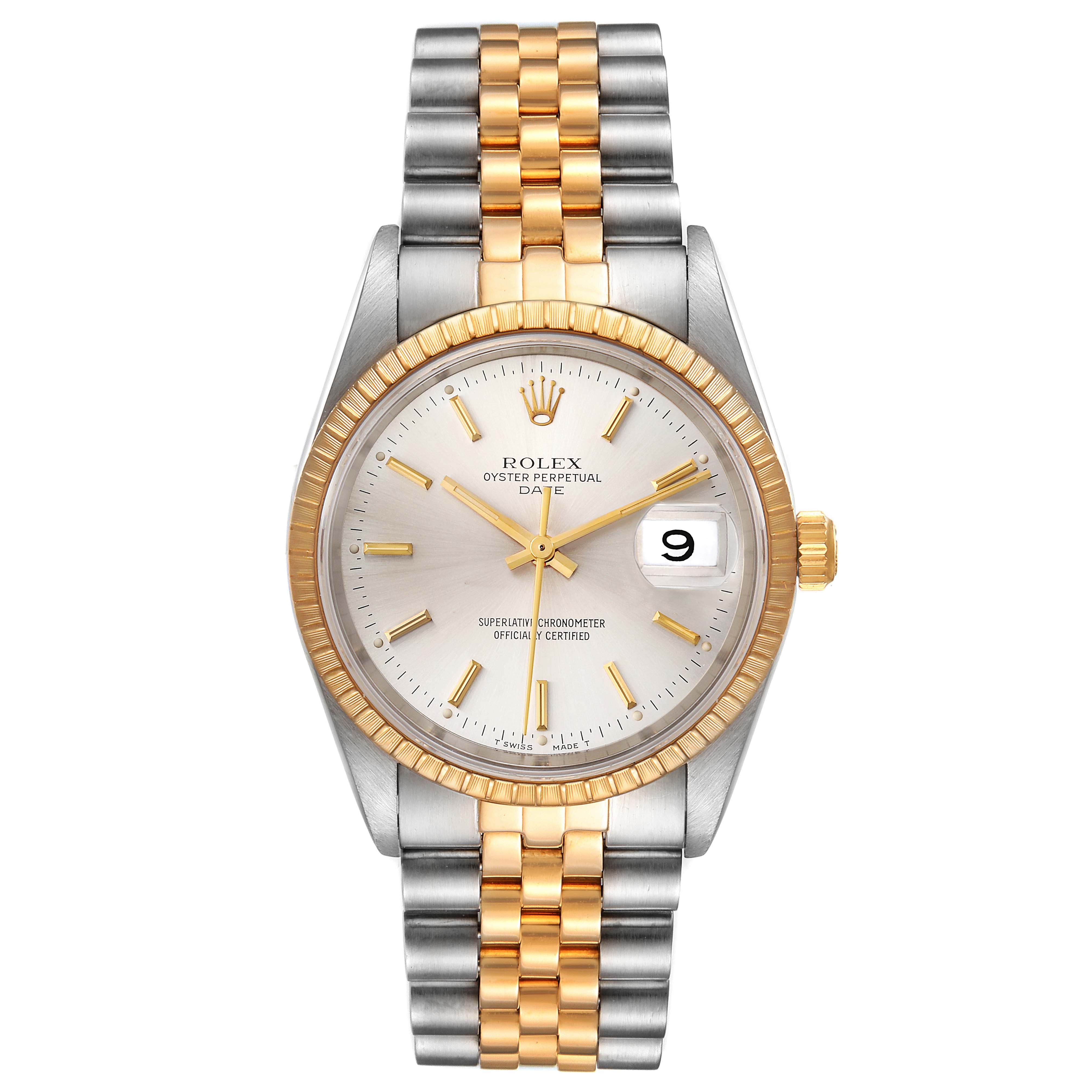 This Rolex Date 15223 Men's Steel and Gold (two tone) Silver Dial 15223 Men's Steel and Gold (two tone) Silver Dial model watch is shown from the front, highlighting its face, dial, bezel, and bracelet.