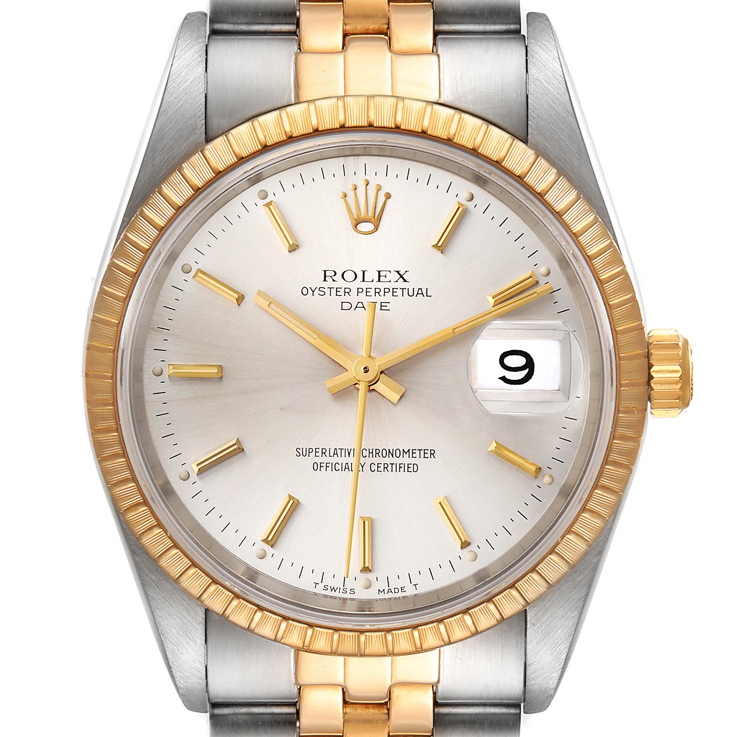 The image shows a front view of a Rolex Date 15223 Men's Steel and Gold (two tone) Silver Dial 15223 Men's Steel and Gold (two tone) Silver Dial model watch displaying the dial, bezel, crown, and part of the bracelet.