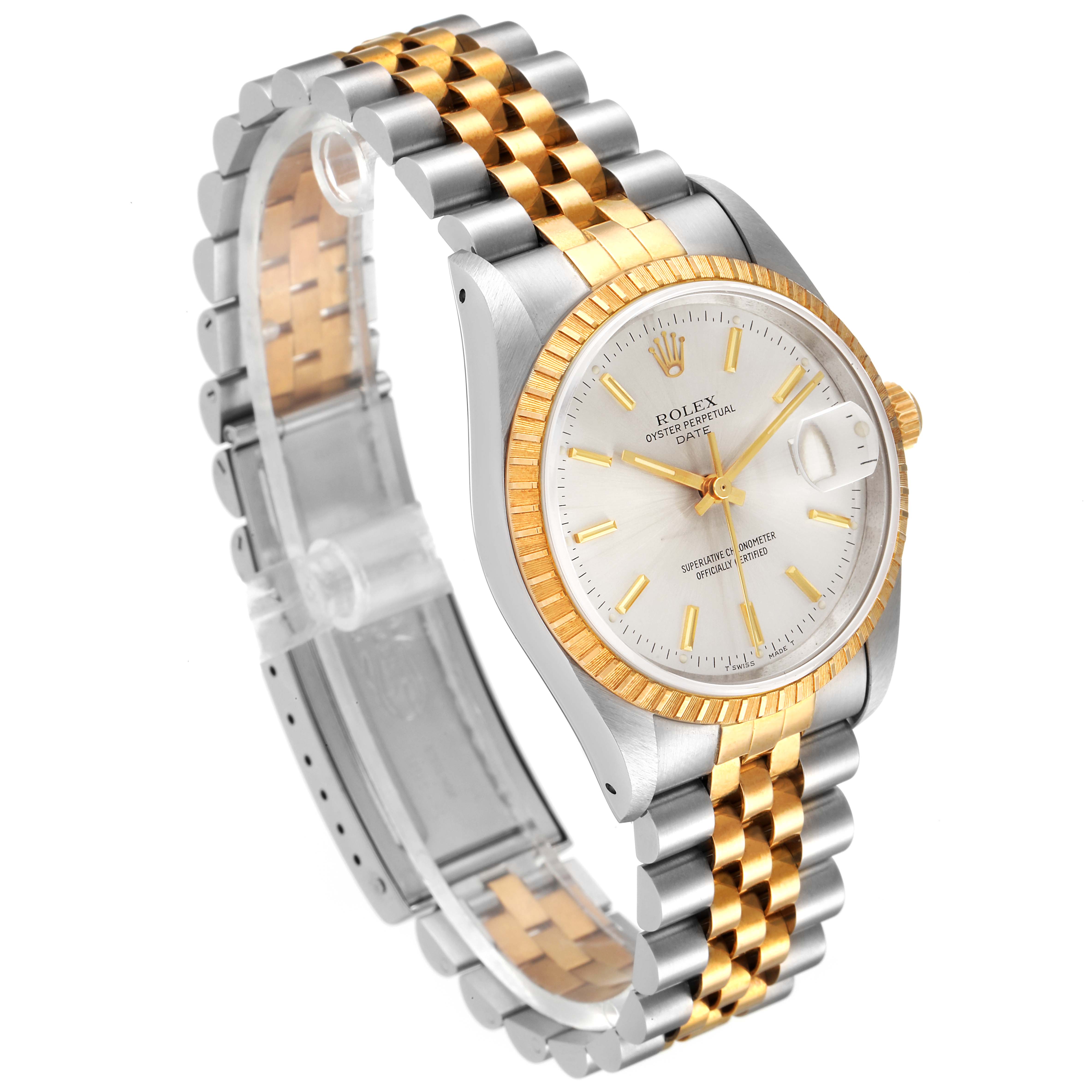 The Rolex Date 15223 Men's Steel and Gold (two tone) Silver Dial 15223 Men's Steel and Gold (two tone) Silver Dial watch model is shown at a three-quarter angle, highlighting its dual-tone bracelet, case, dial, and fluted bezel.