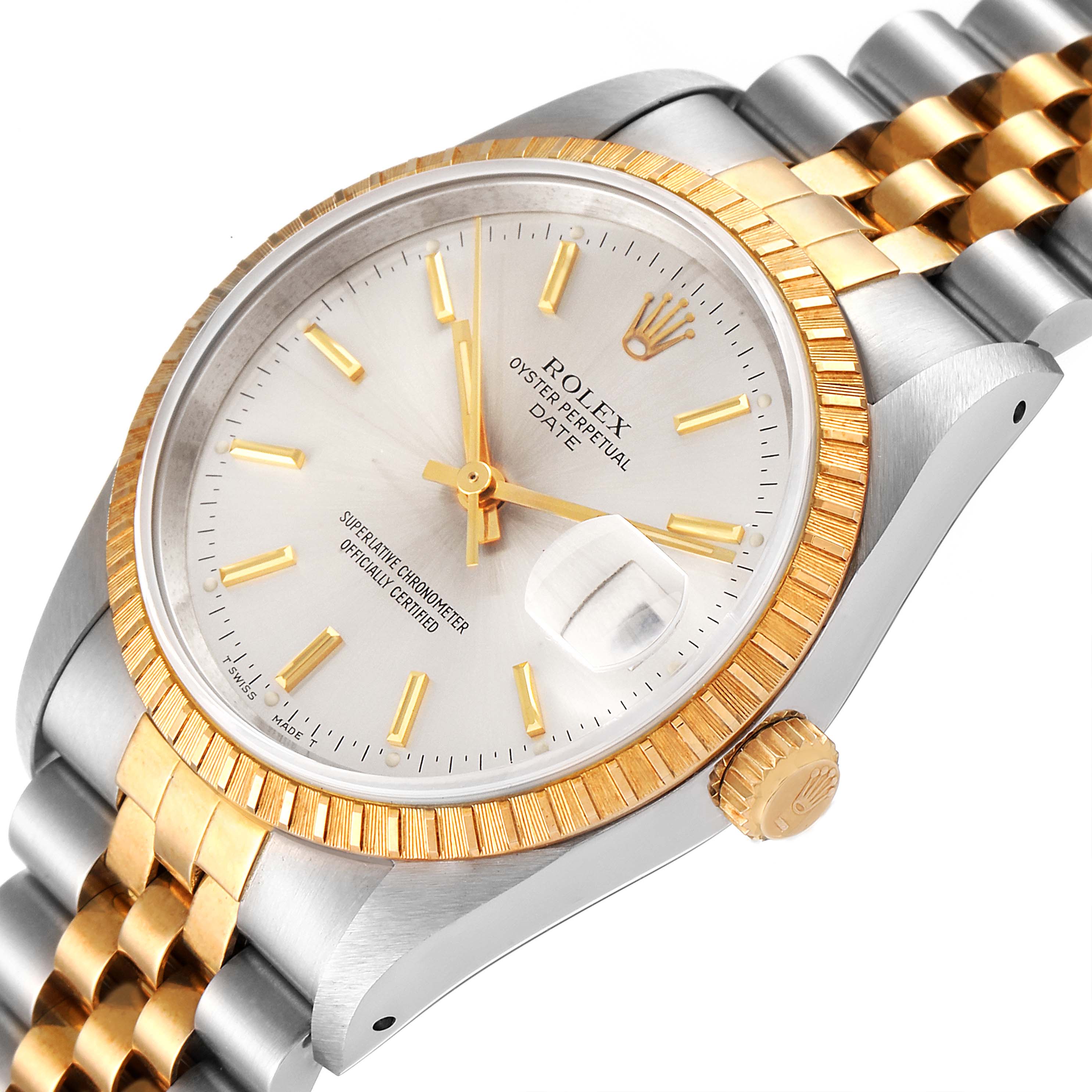The image shows a close-up angle of the Rolex Date 15223 Men's Steel and Gold (two tone) Silver Dial 15223 Men's Steel and Gold (two tone) Silver Dial model, highlighting the dial, bezel, and part of the bracelet.