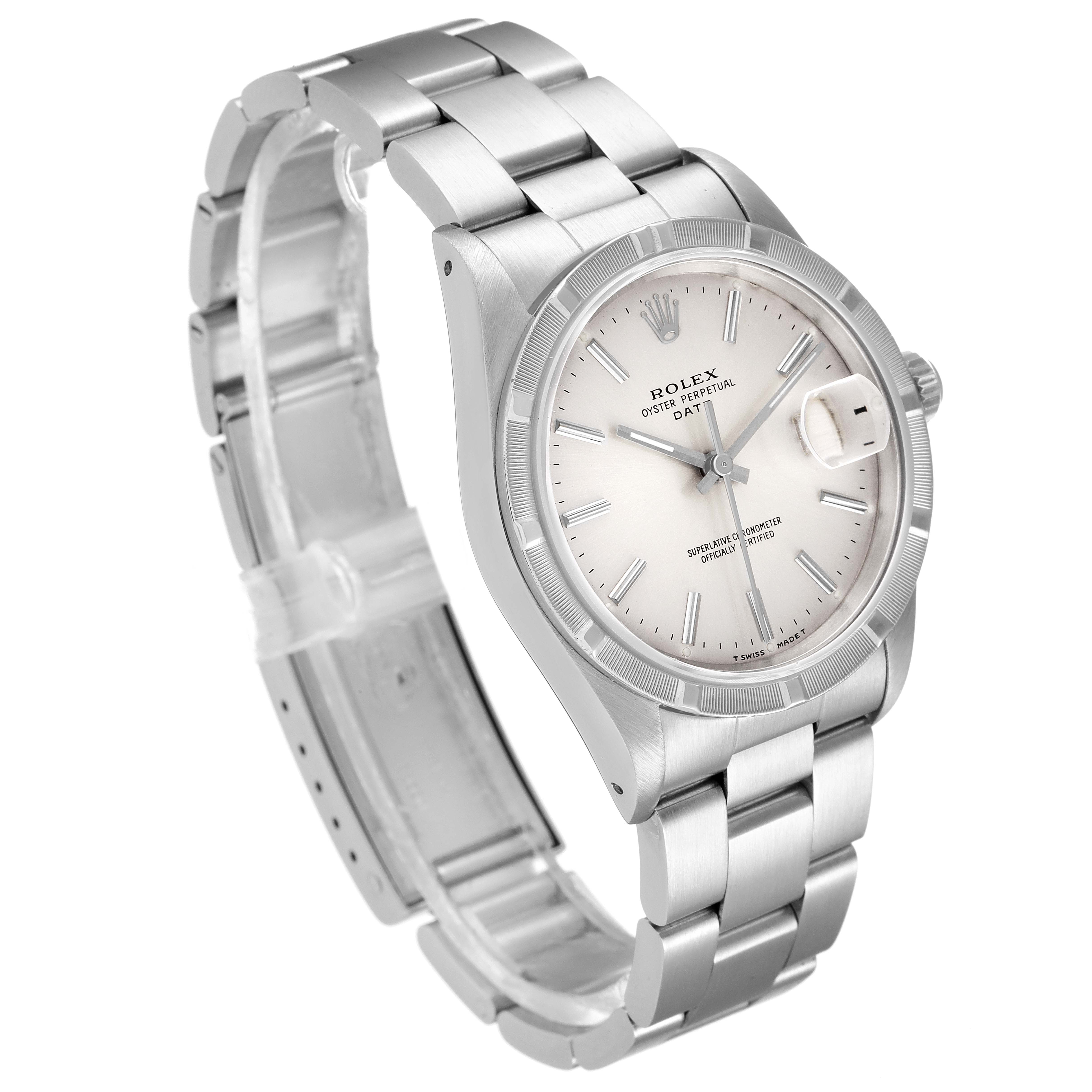 The image shows a Rolex Date 15210 Men's Stainless Steel Silver Dial 15210 Men's Stainless Steel Silver Dial model watch at a three-quarter angle, displaying the dial, case, bracelet, and clasp.