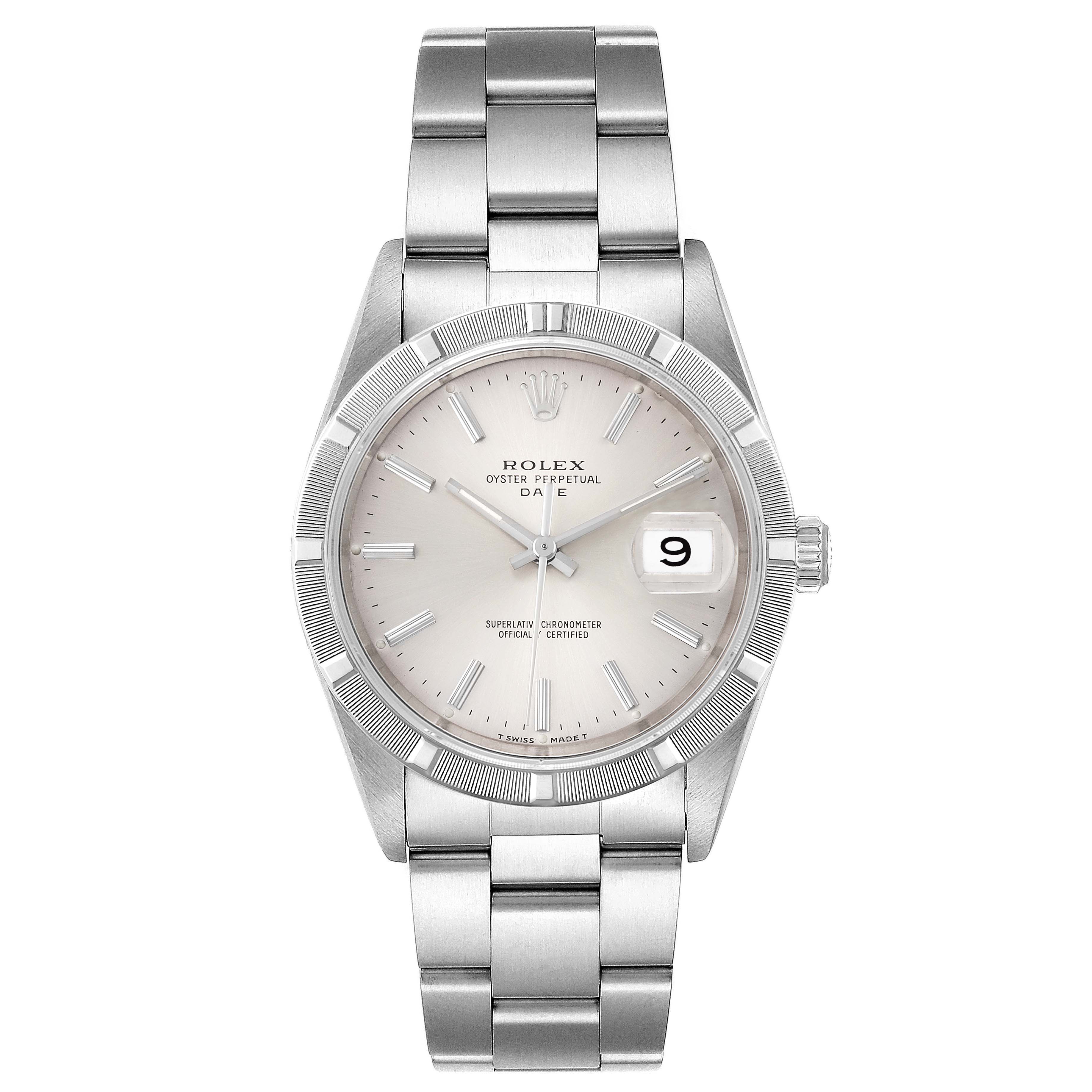 This is a front view of a Rolex Date 15210 Men's Stainless Steel Silver Dial 15210 Men's Stainless Steel Silver Dial model watch, displaying the dial, bezel, crown, and bracelet.