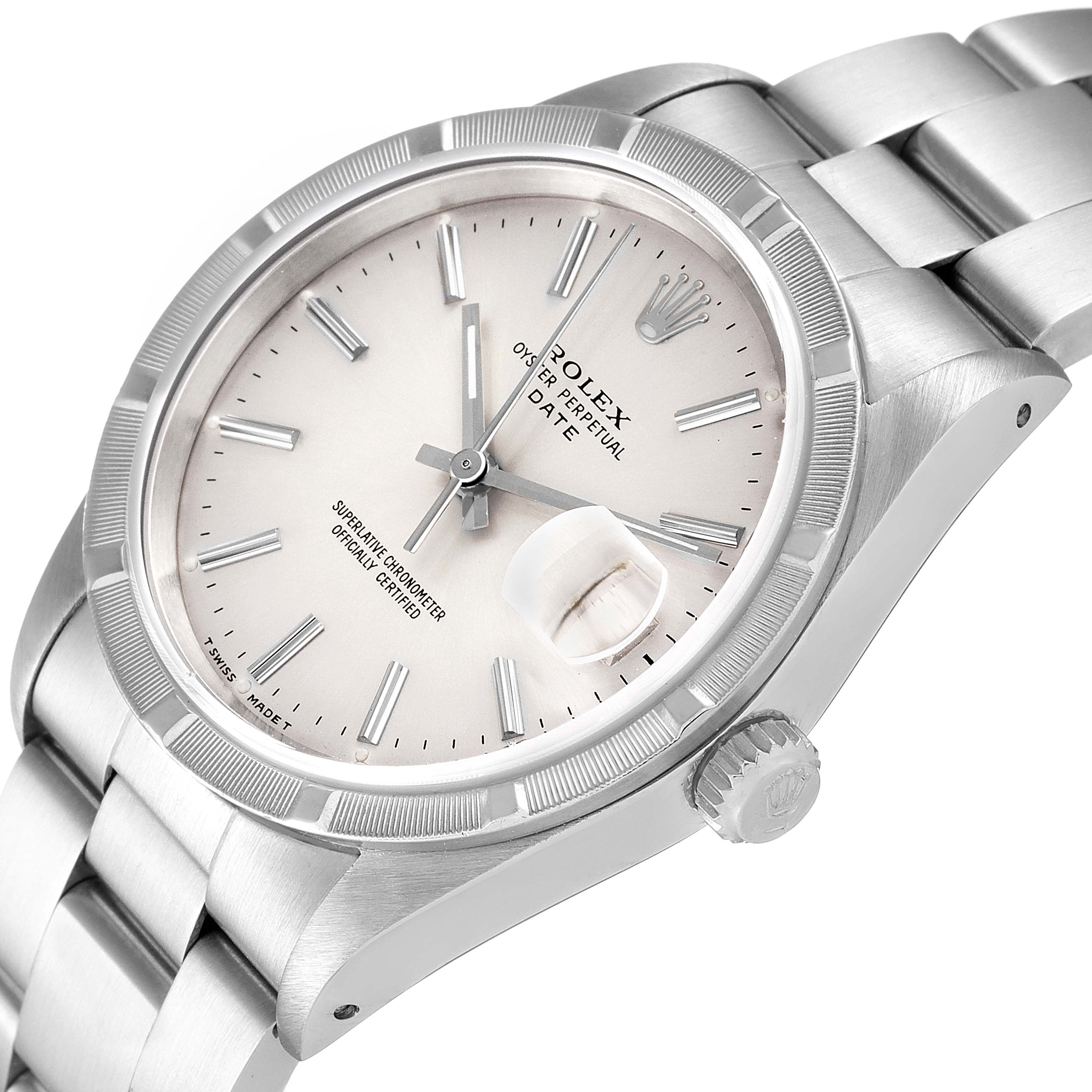 The image shows a close-up angle of the Rolex Date 15210 Men's Stainless Steel Silver Dial 15210 Men's Stainless Steel Silver Dial watch, featuring the dial, bezel, crown, and part of the bracelet.