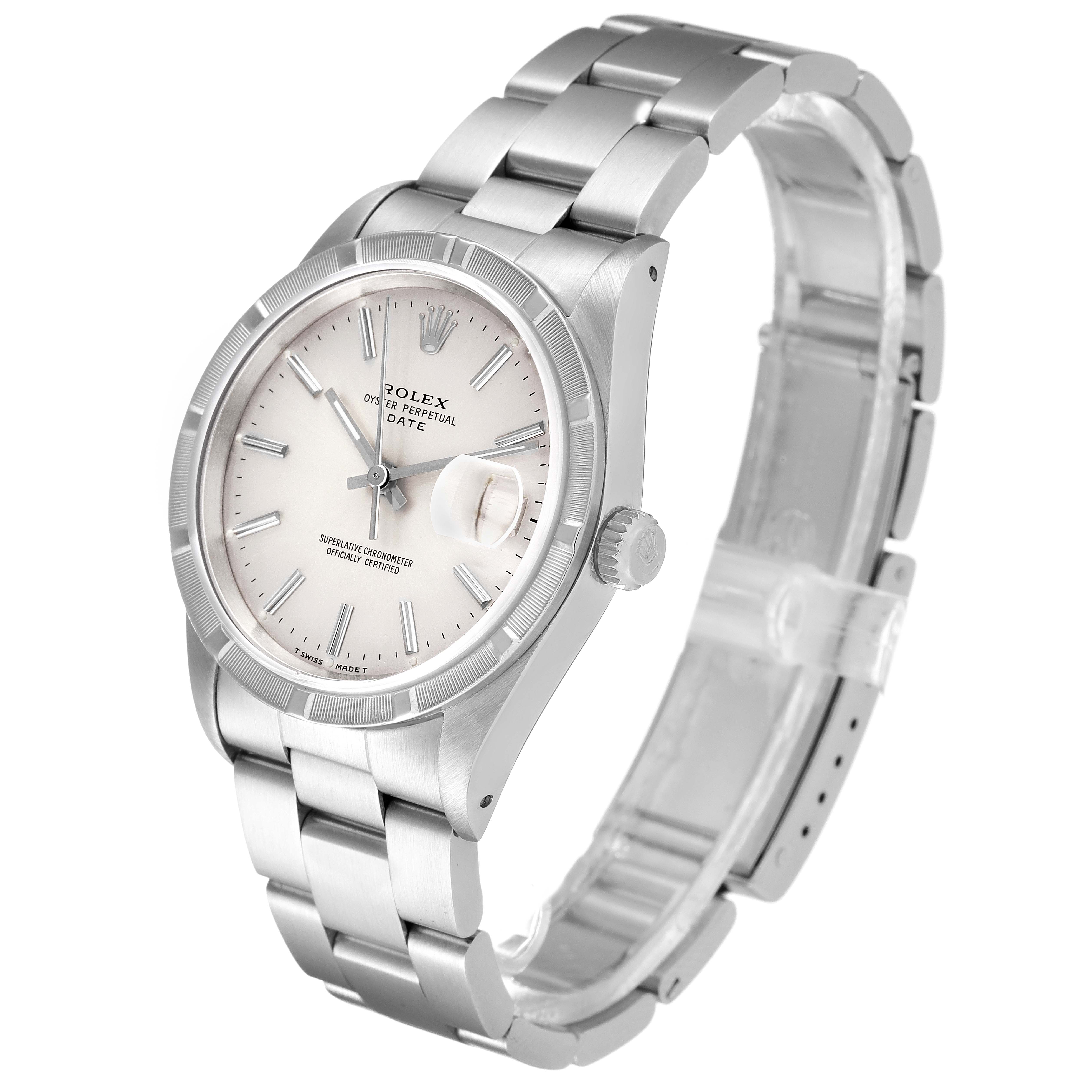 The Rolex Date 15210 Men's Stainless Steel Silver Dial 15210 Men's Stainless Steel Silver Dial model watch is shown at a three-quarter angle, displaying the face, bezel, and part of the bracelet.