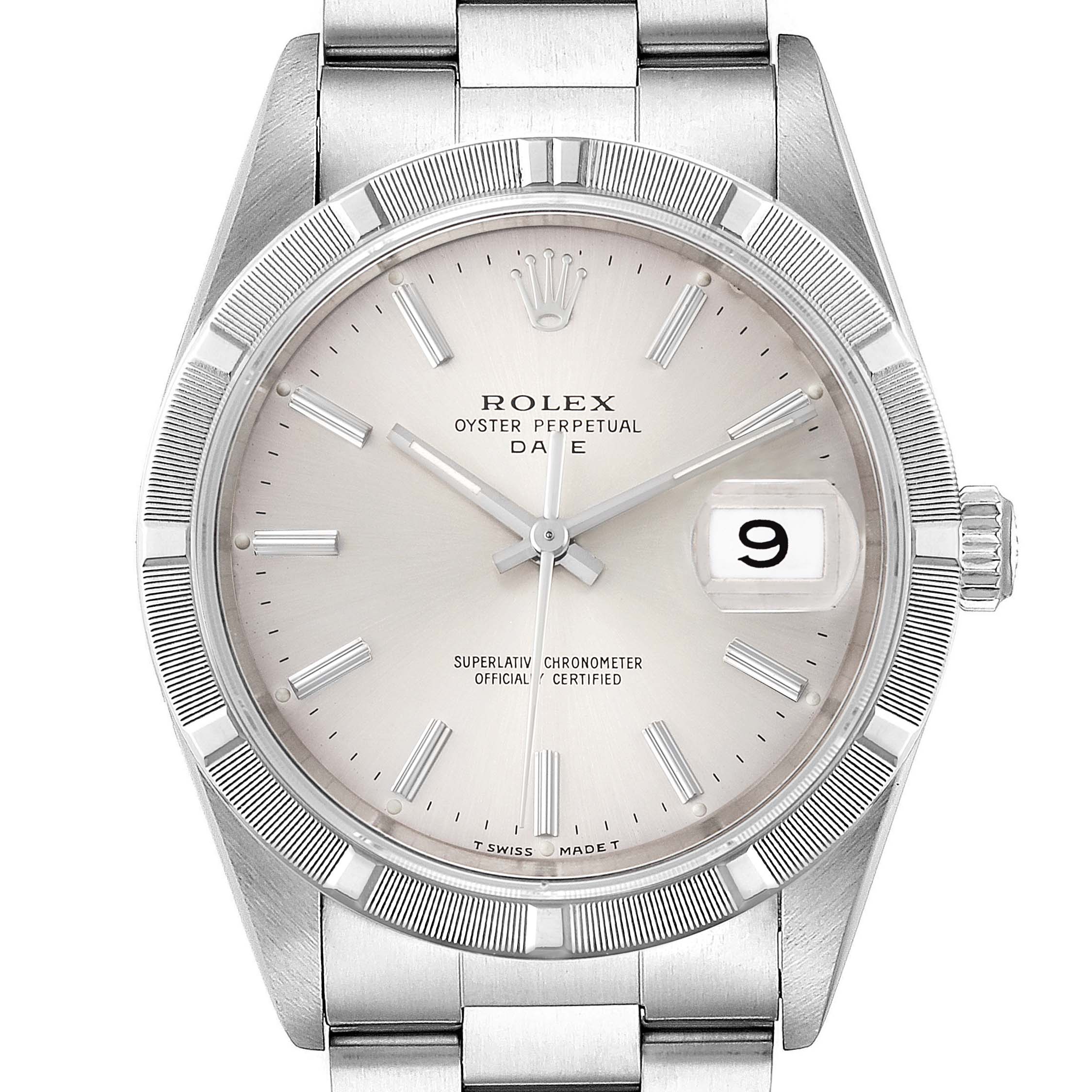 This image shows a front view of a Rolex Oyster Perpetual Date model featuring the dial, bezel, crown, and part of the bracelet.