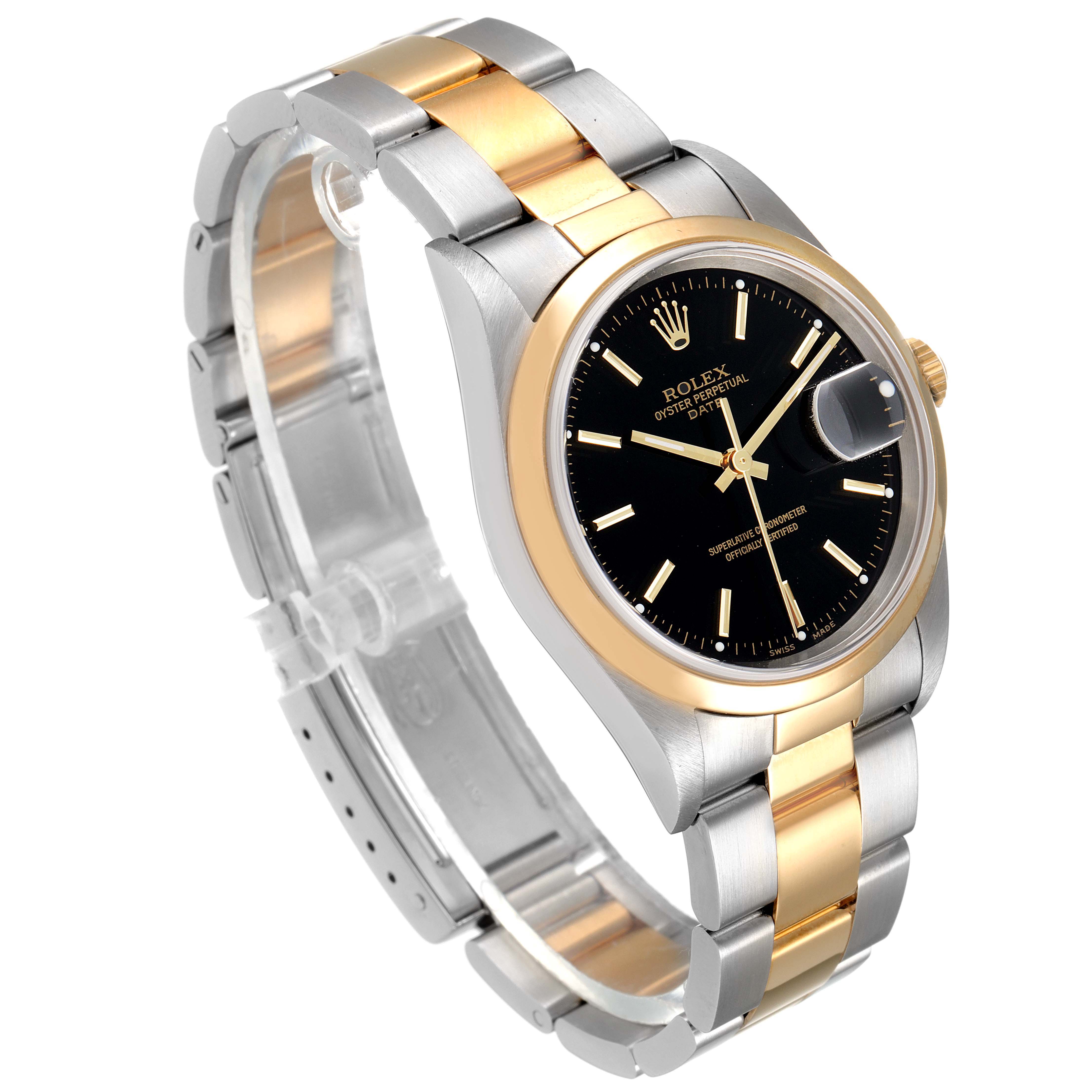 The image shows a Rolex Date 15203 Men's Steel and Gold (two tone) Black Dial 15203 Men's Steel and Gold (two tone) Black Dial model watch with a side angle, featuring a stainless steel and gold bracelet, black dial, and magnified date window.