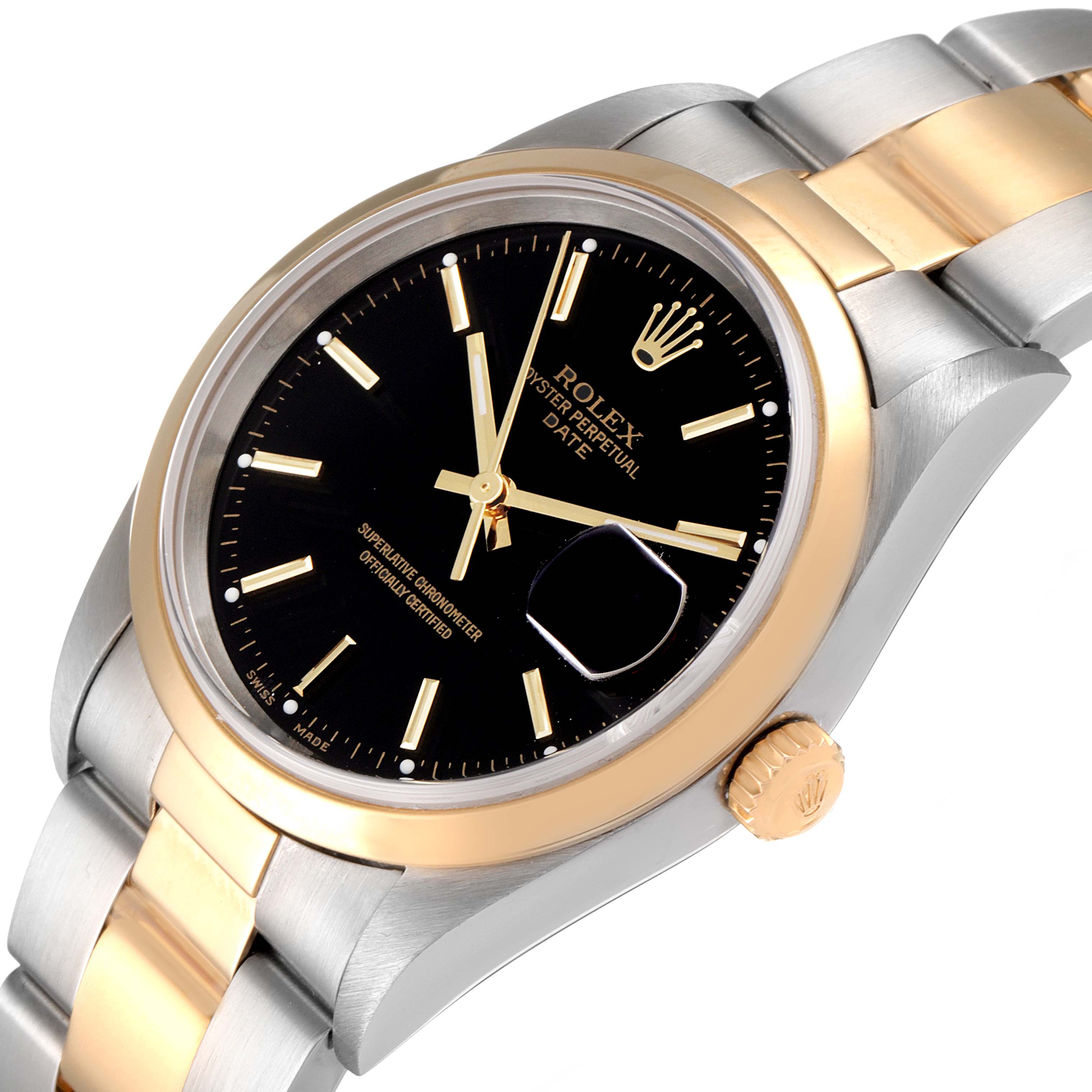 The image shows a black dial and two-tone bracelet of a Rolex Date 15203 Men's Steel and Gold (two tone) Black Dial 15203 Men's Steel and Gold (two tone) Black Dial model watch from a slightly tilted top-down angle.