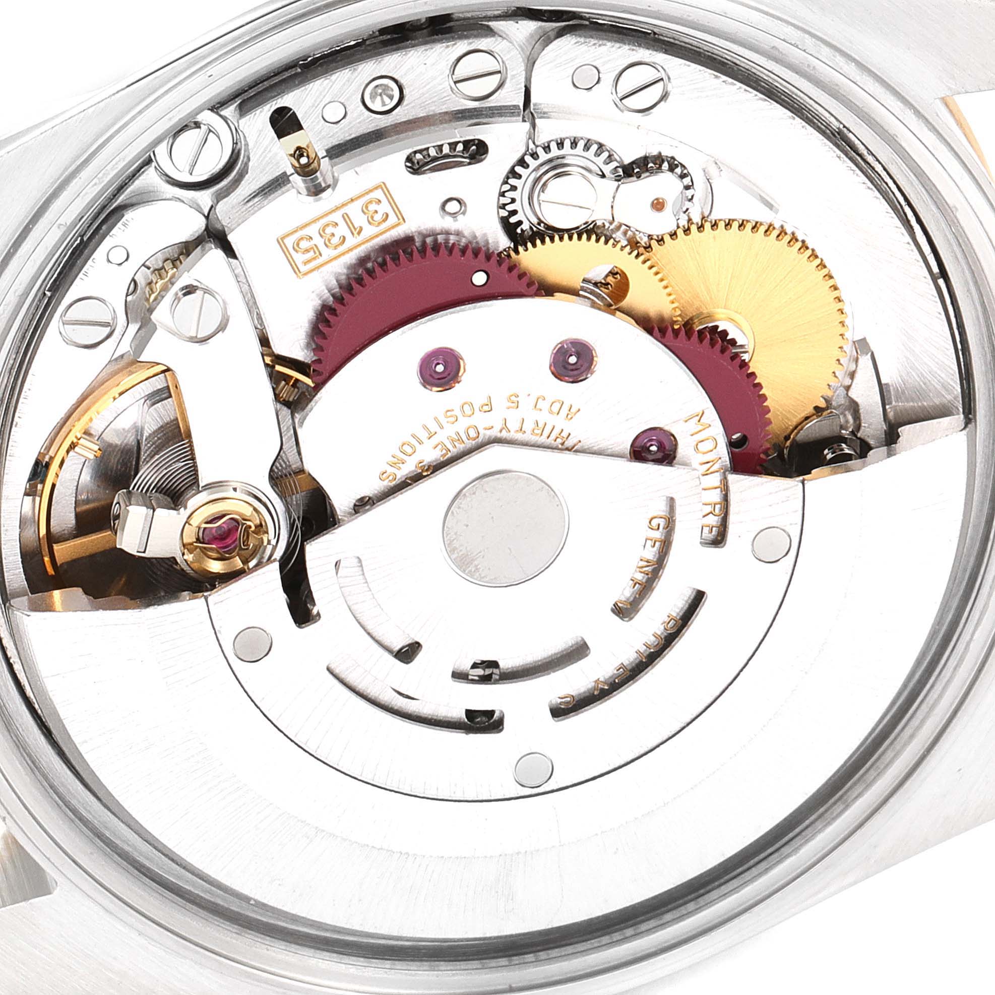 This image shows the inner mechanical movement of a Rolex Date 15203 Men's Steel and Gold (two tone) Black Dial 15203 Men's Steel and Gold (two tone) Black Dial model watch from a rear angle.