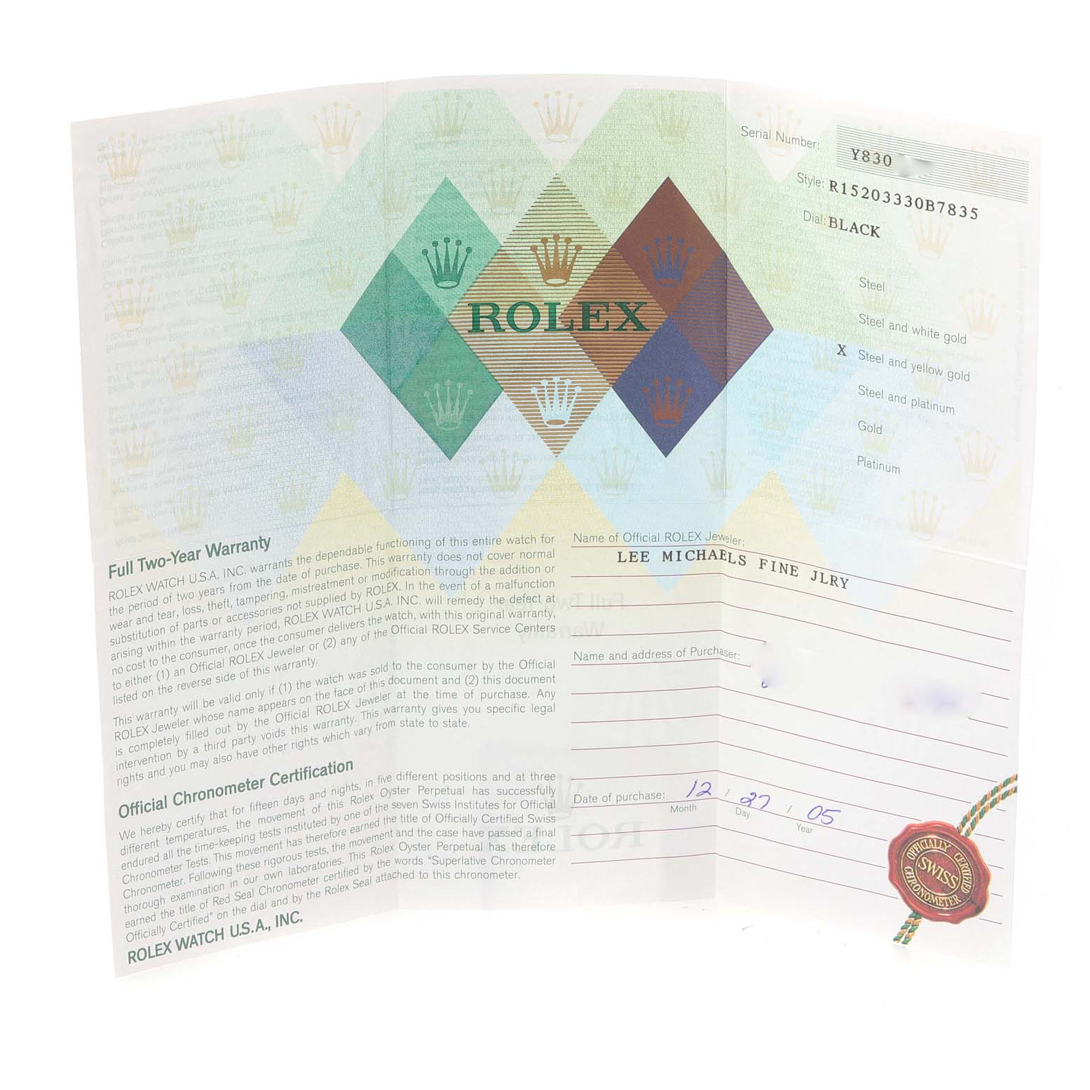 The image shows the warranty certificate for a Rolex Date 15203 Men's Steel and Gold (two tone) Black Dial 15203 Men's Steel and Gold (two tone) Black Dial model watch, including details like the serial number and jeweler's name.