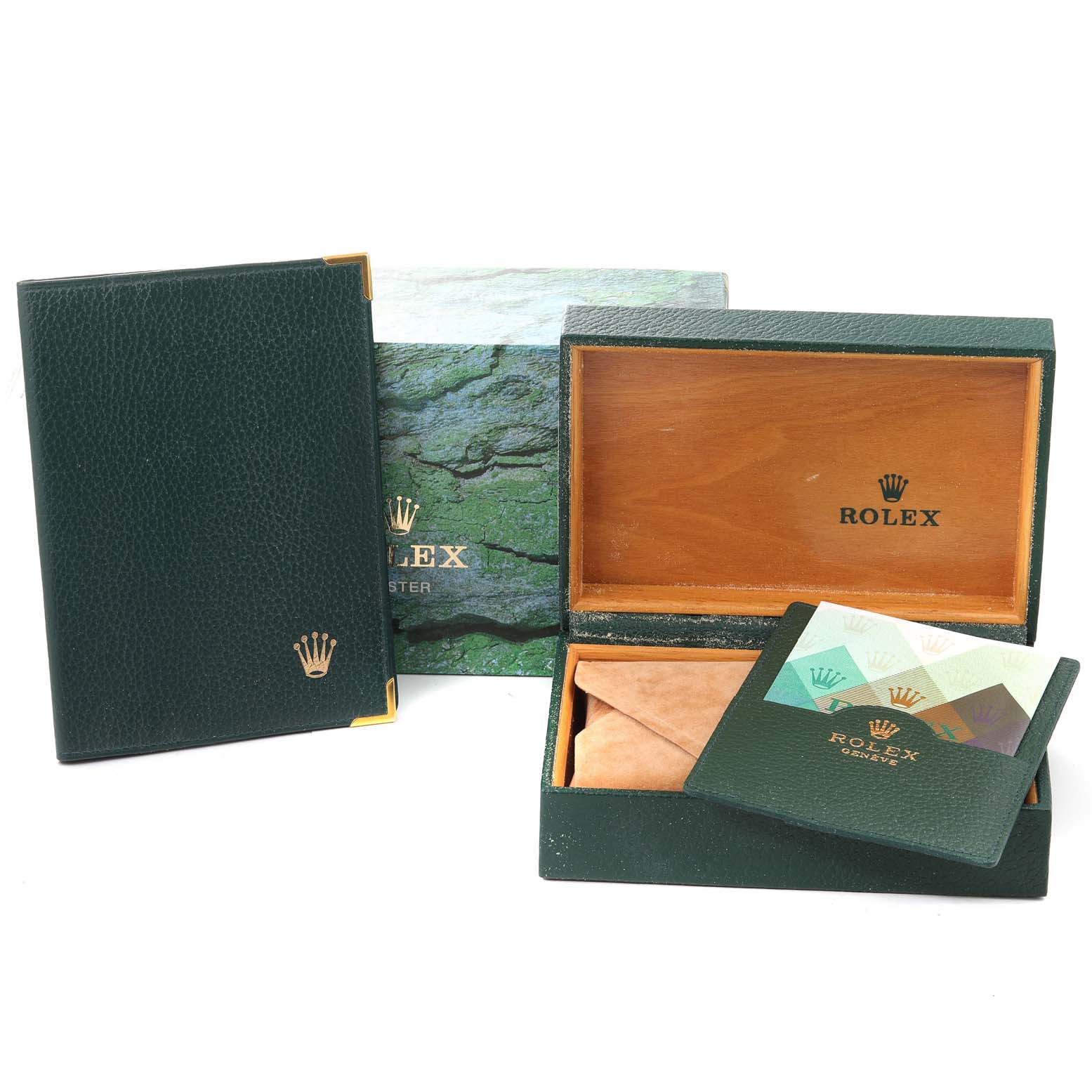 The image shows the packaging and accessories for a Rolex Date 15203 Men's Steel and Gold (two tone) Black Dial 15203 Men's Steel and Gold (two tone) Black Dial model, including an open box, a booklet, and an outer box.