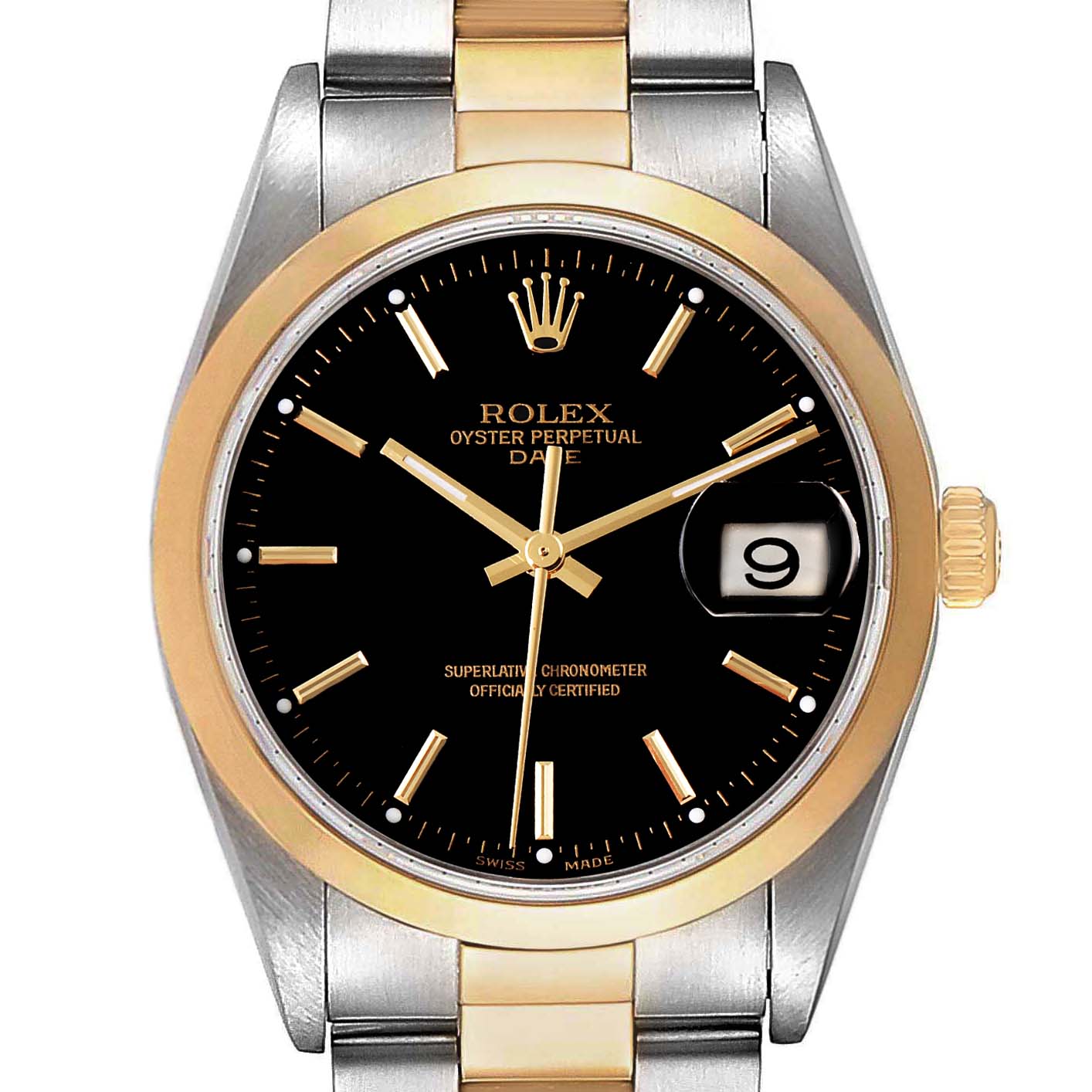 The image shows a front view of a Rolex Date 15203 Men's Steel and Gold (two tone) Black Dial 15203 Men's Steel and Gold (two tone) Black Dial model watch, highlighting the black dial, gold markers, and date window.