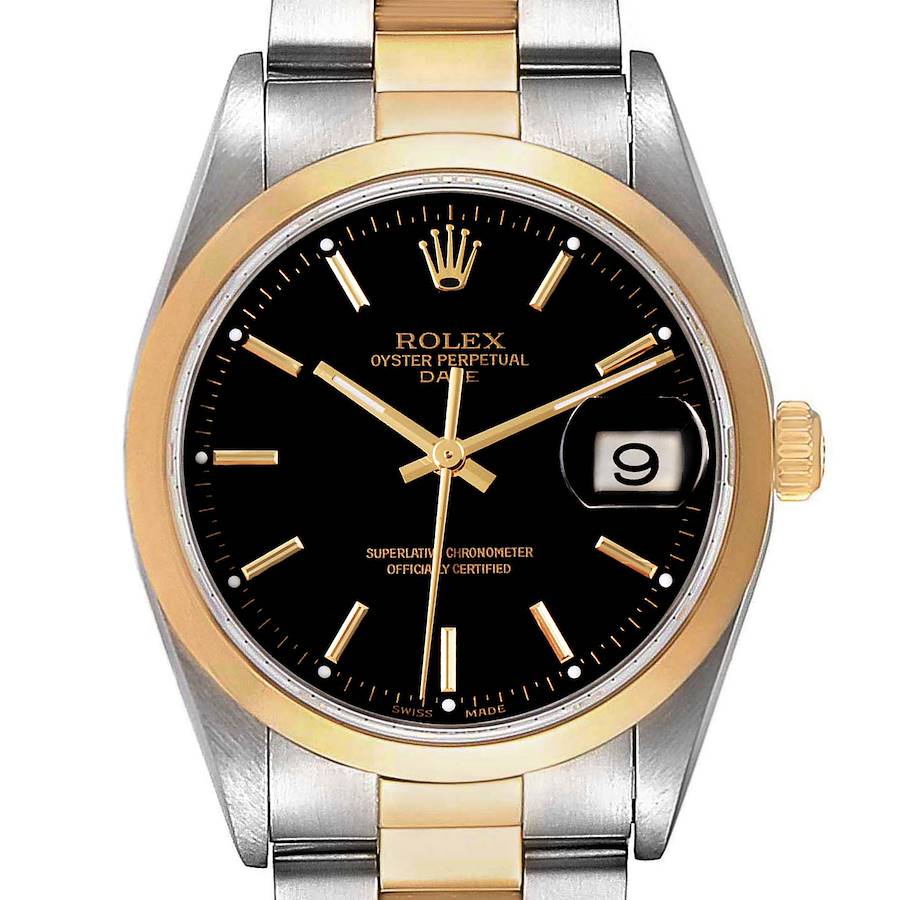 Rolex Date Steel Yellow Gold Black Dial Mens Watch 15203 Box Papers SwissWatchExpo