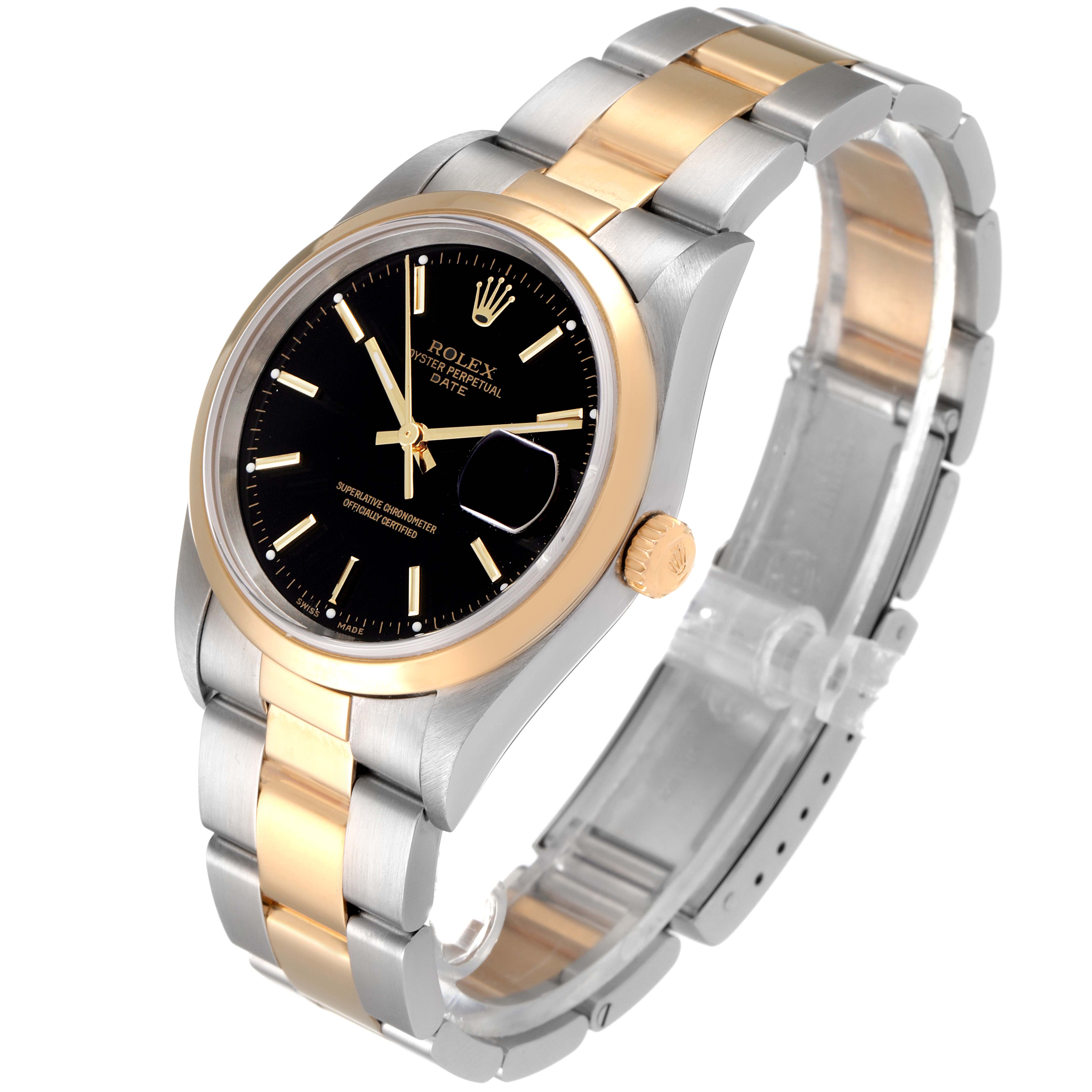 The watch is a Rolex Date 15203 Men's Steel and Gold (two tone) Black Dial 15203 Men's Steel and Gold (two tone) Black Dial model shown at an angle and displaying the front face, bezel, crown, and two-tone metal bracelet.