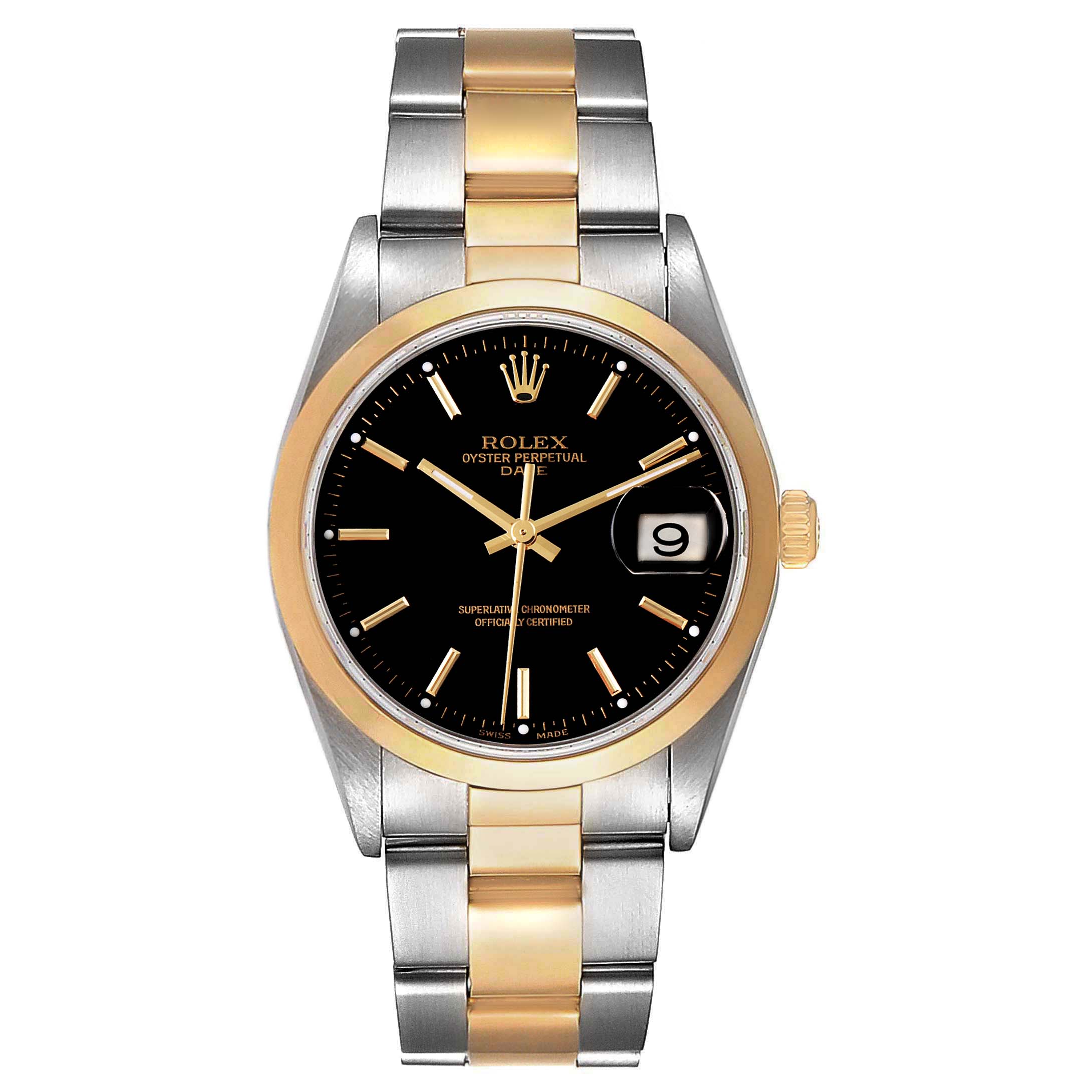 The Rolex Date 15203 Men's Steel and Gold (two tone) Black Dial 15203 Men's Steel and Gold (two tone) Black Dial model is shown from a front angle, displaying the dial, hands, bezel, and the two-tone bracelet.