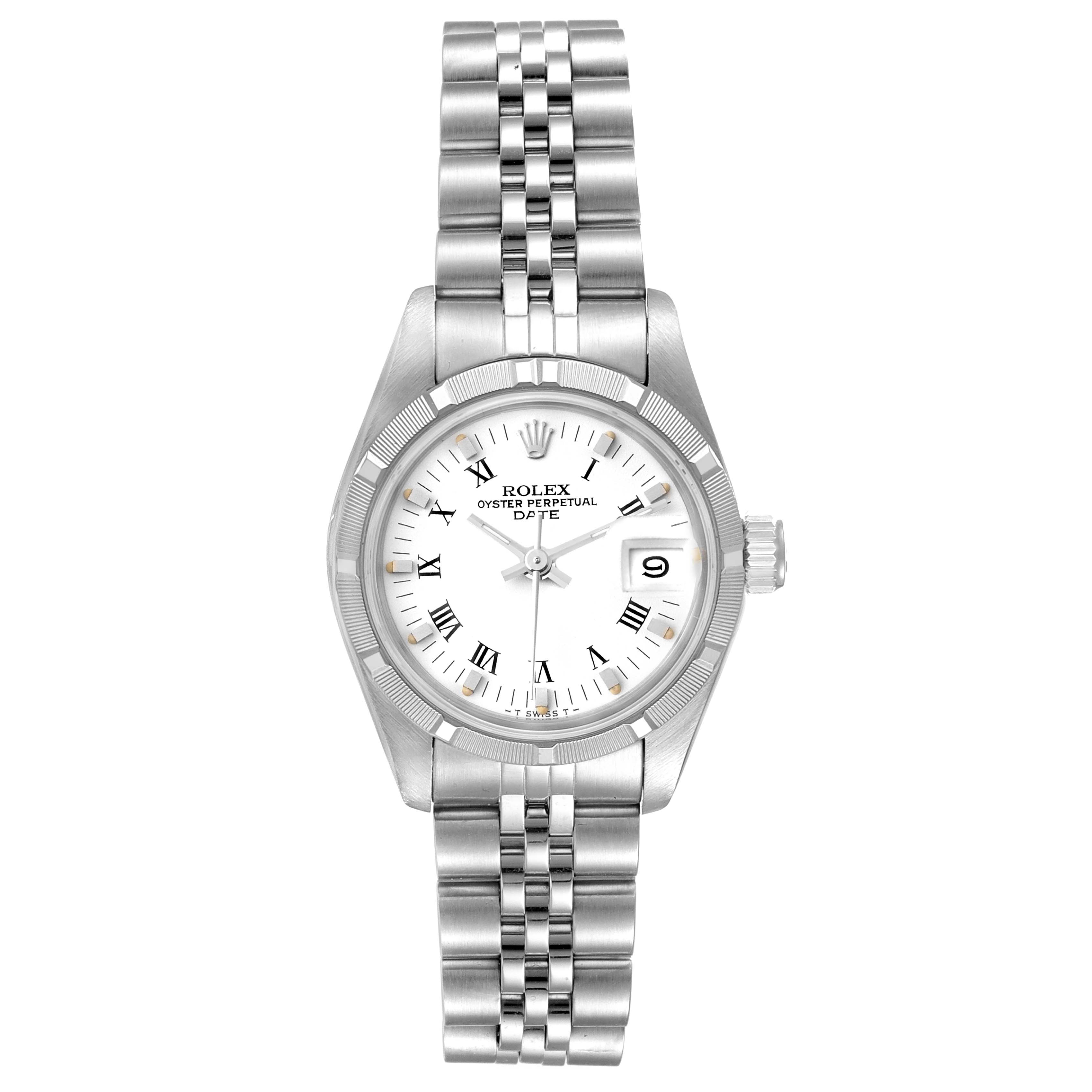 This image shows a front view of the Rolex Date 69160 Women
s Stainless Steel White Dial 69160 Women
s Stainless Steel White Dial model watch, featuring the dial, bezel, crown, and an Oyster bracelet.