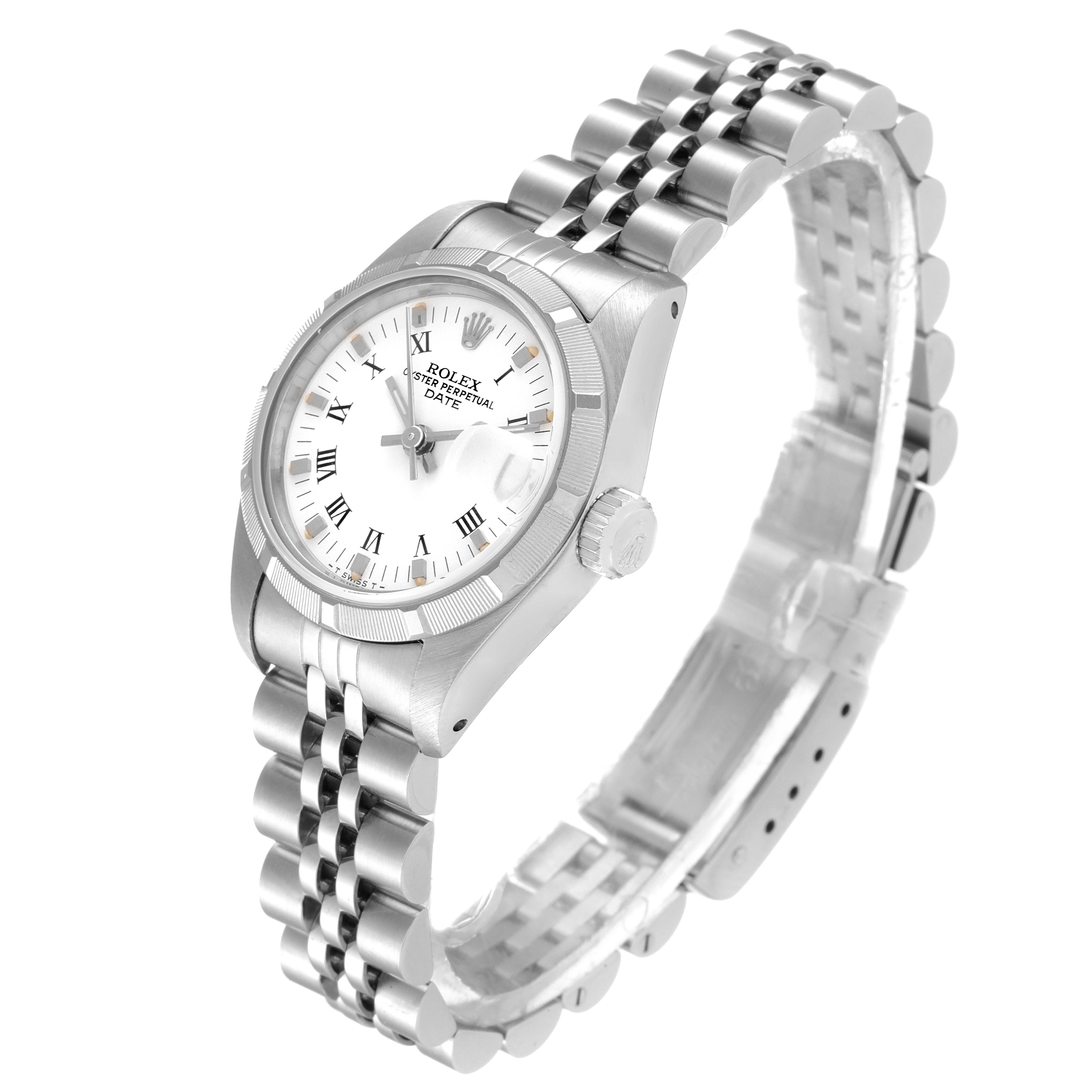 The image shows a Rolex Date 69160 Women
s Stainless Steel White Dial 69160 Women
s Stainless Steel White Dial model watch at a slight angle, highlighting the dial, bezel, crown, and bracelet.