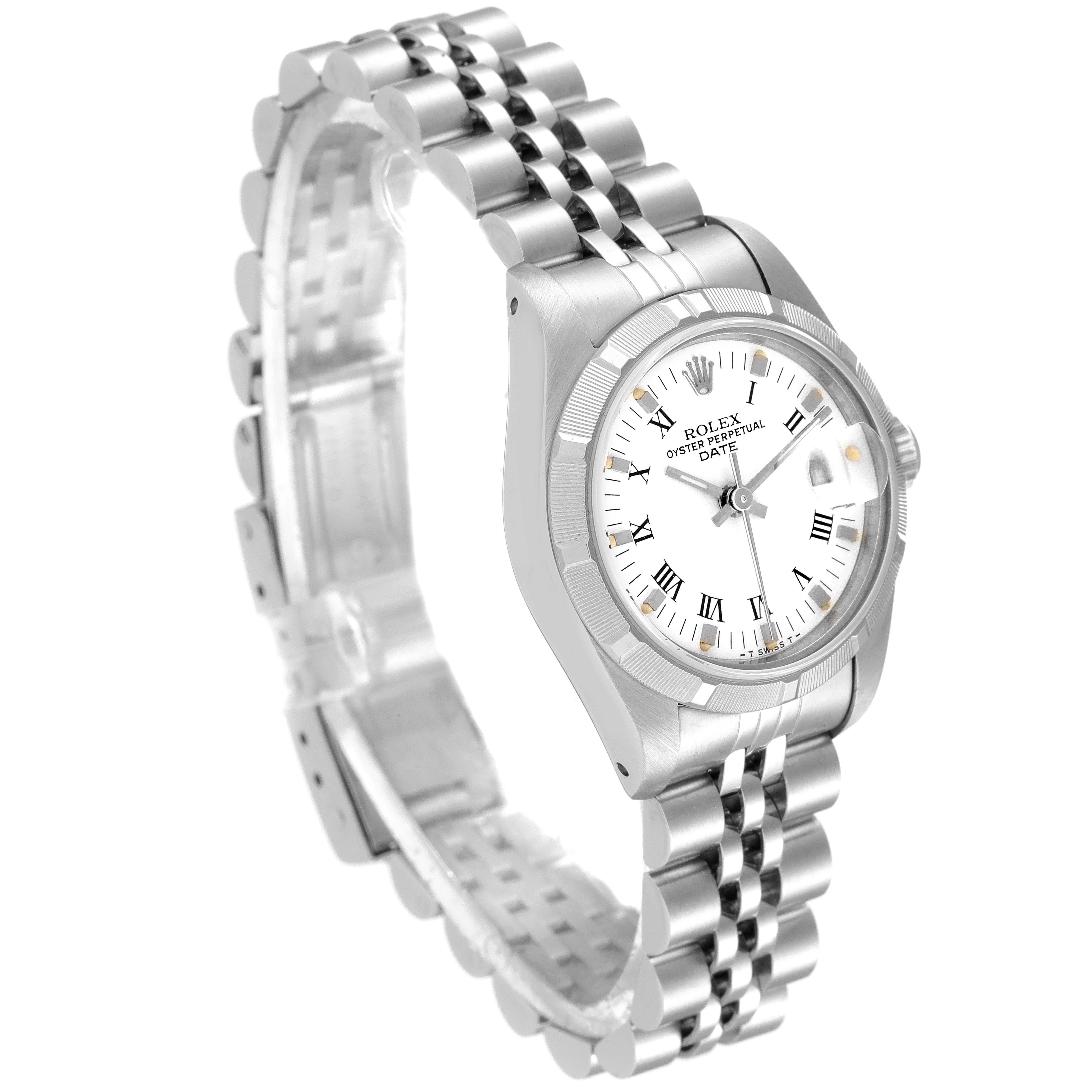 This image shows a Rolex Date 69160 Women
s Stainless Steel White Dial 69160 Women
s Stainless Steel White Dial model watch at a three-quarter angle, highlighting the face, bezel, crown, and bracelet.