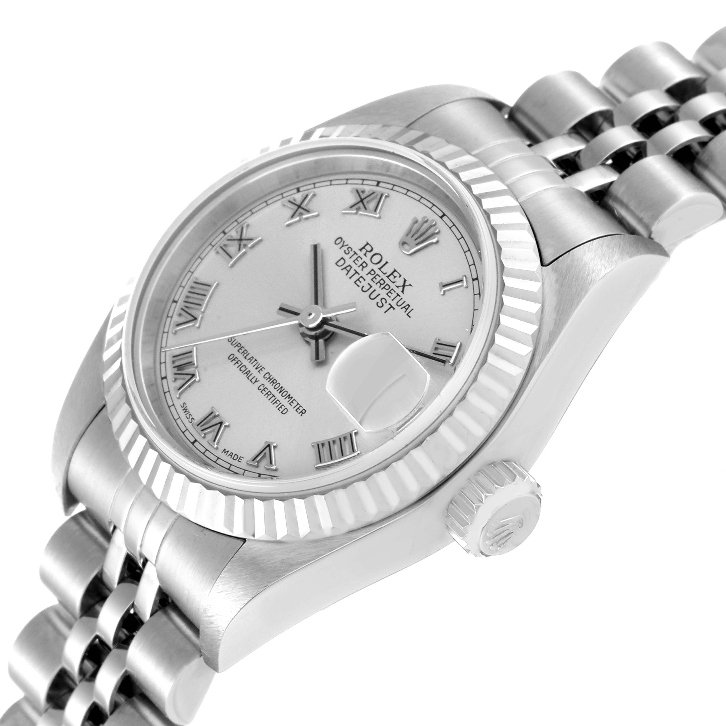 This image shows a close-up of the Rolex Datejust 79174 Women's Stainless Steel Silver Dial 79174 Women's Stainless Steel Silver Dial watch's face, bezel, crown, and part of the bracelet, viewed at an angle from the side.