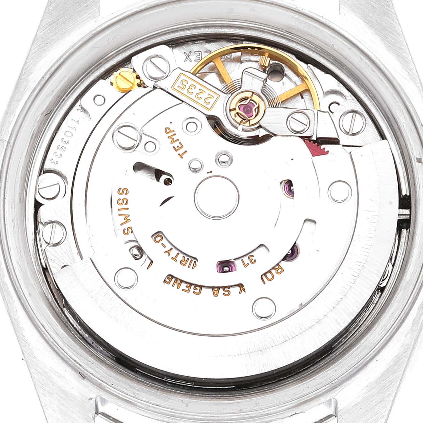 This image shows a close-up view of the movement inside a Rolex Datejust 79174 Women's Stainless Steel Silver Dial 79174 Women's Stainless Steel Silver Dial watch, highlighting its intricate mechanical parts.