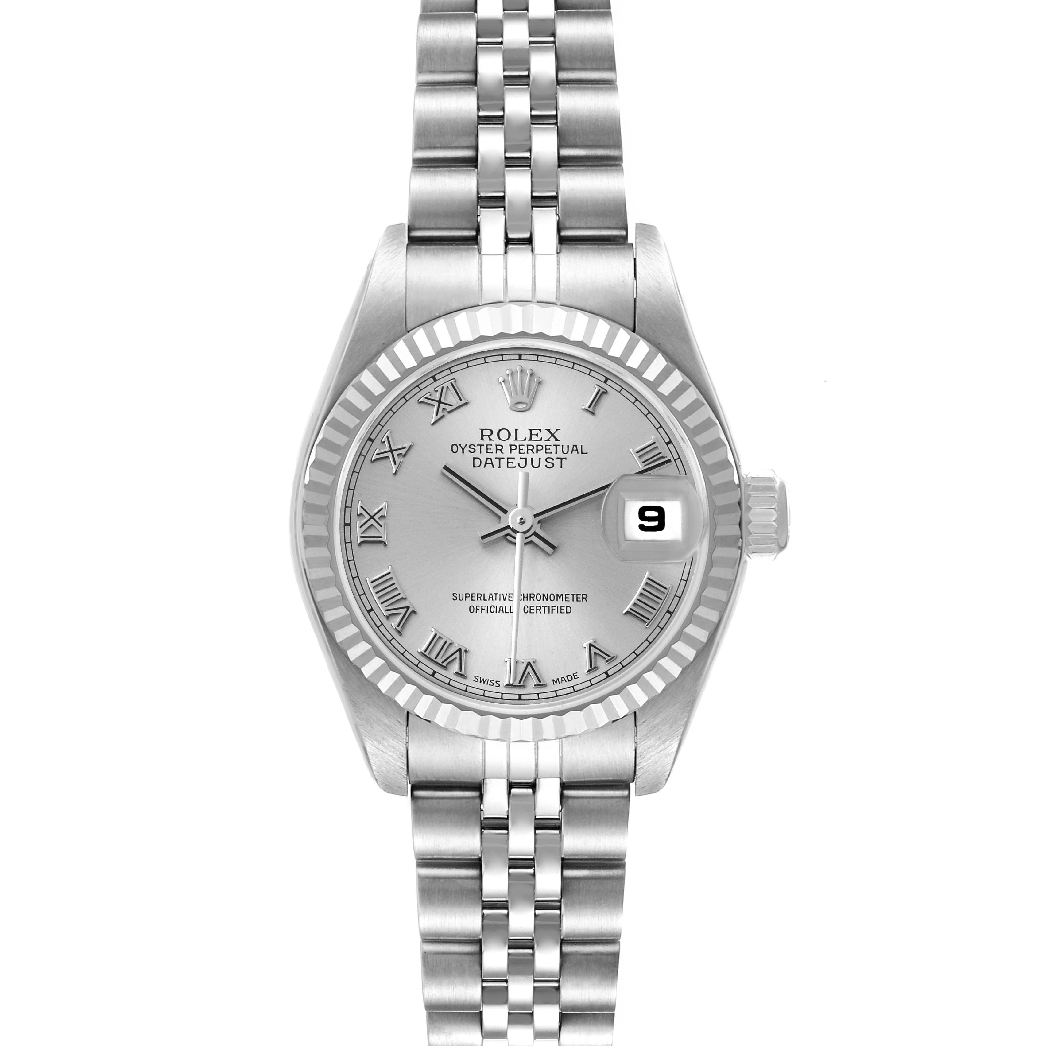 This Rolex Datejust 79174 Women's Stainless Steel Silver Dial 79174 Women's Stainless Steel Silver Dial watch is shown from a top-down angle displaying the face, bezel, and a portion of the bracelet.