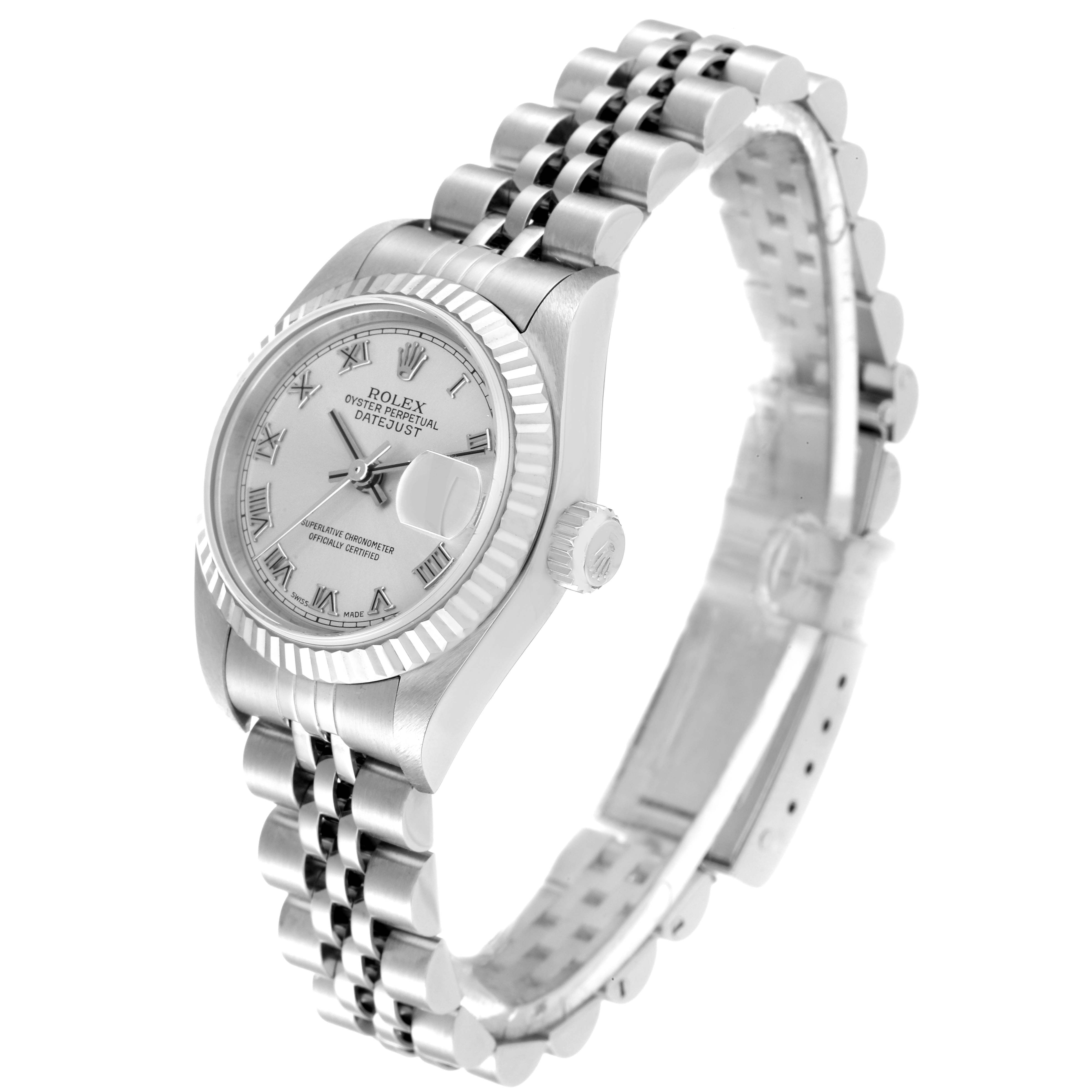 The image shows a Rolex Datejust 79174 Women's Stainless Steel Silver Dial 79174 Women's Stainless Steel Silver Dial watch at an angle highlighting the dial, bezel, crown, and a partially extended bracelet.