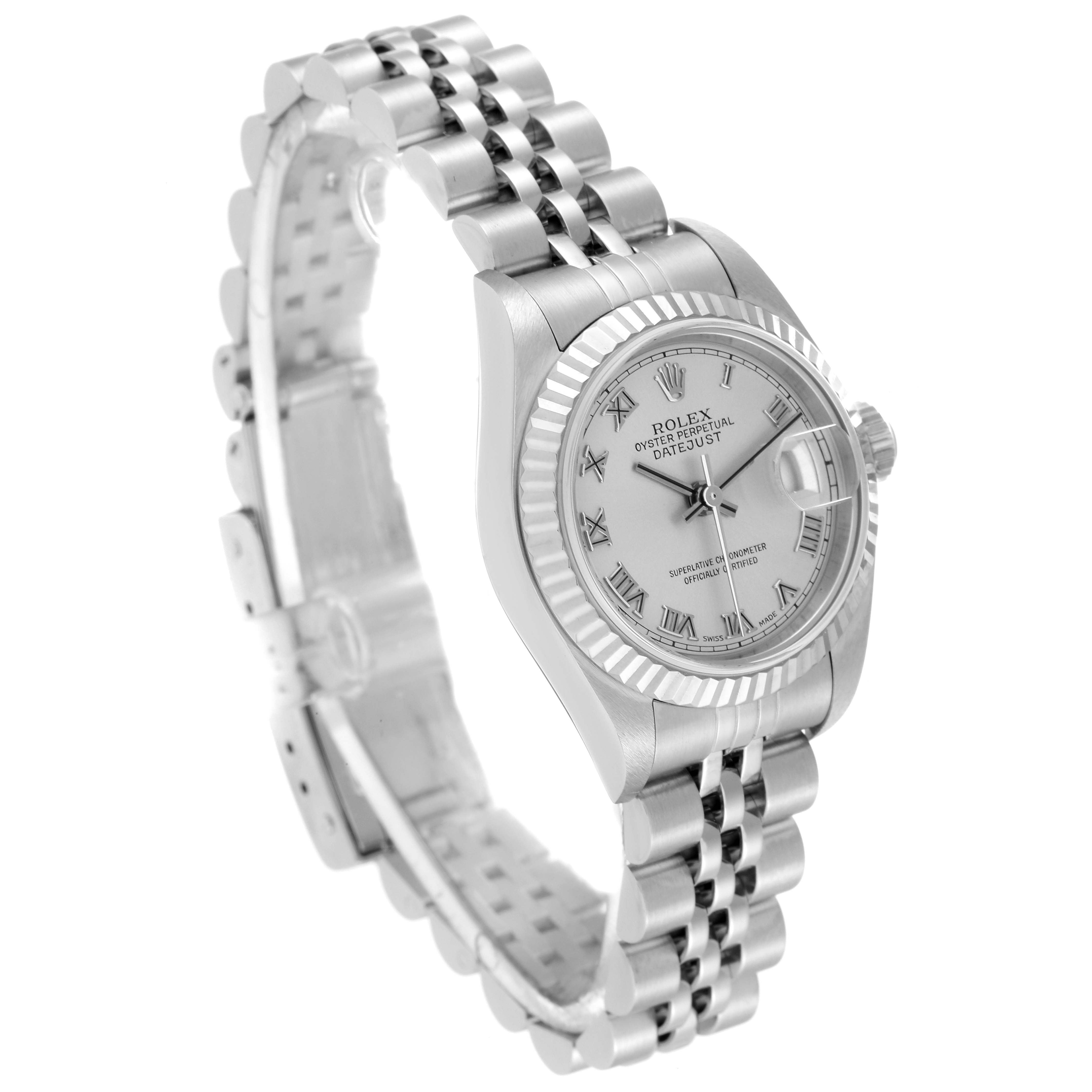 This image shows a Rolex Datejust 79174 Women's Stainless Steel Silver Dial 79174 Women's Stainless Steel Silver Dial watch at a three-quarter angle, highlighting the dial, bezel, and bracelet.