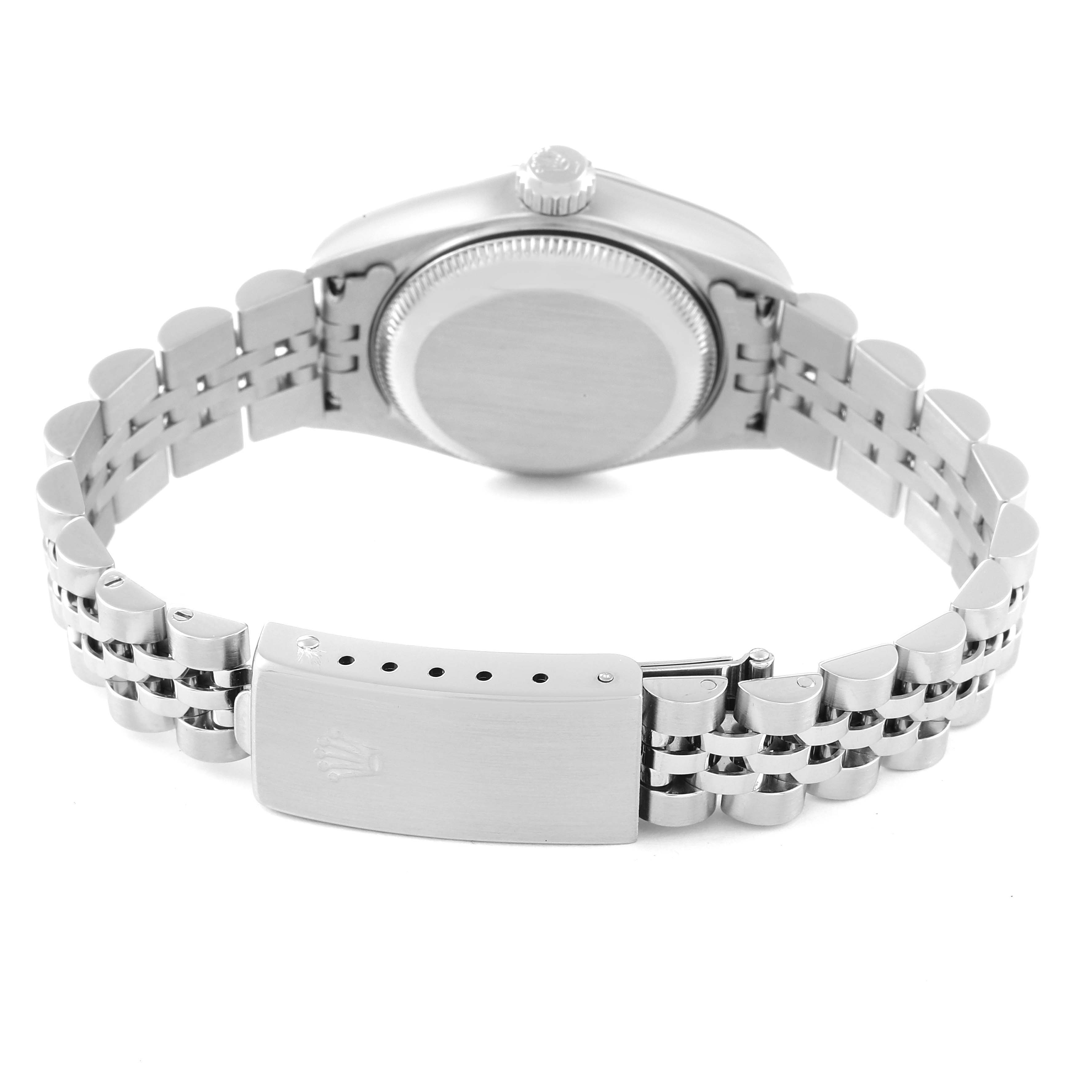 The image shows the back and bracelet of a Rolex Datejust 79174 Women's Stainless Steel Silver Dial 79174 Women's Stainless Steel Silver Dial watch from a rear angle.