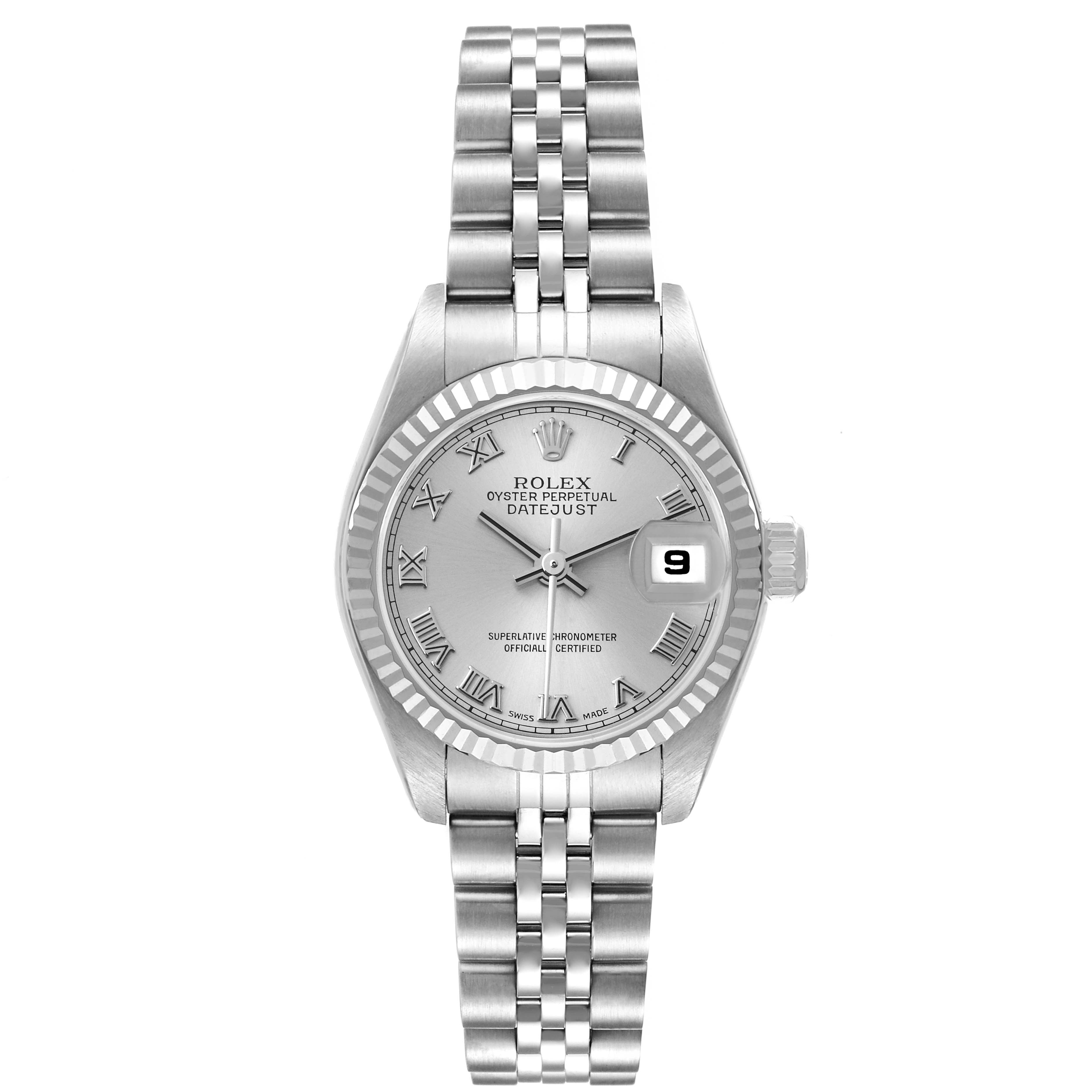 The image shows a frontal view of the Rolex Datejust 79174 Women's Stainless Steel Silver Dial 79174 Women's Stainless Steel Silver Dial watch, highlighting its face, bracelet, and the cyclops date window.