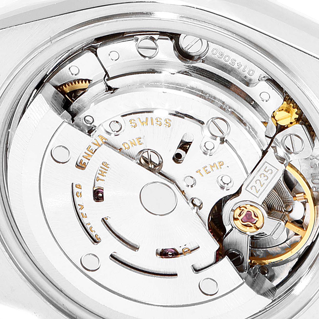 This is an up-close view of the internal movement mechanism of a Rolex Datejust 79173 Women's Steel and Gold (two tone) Champagne Dial 79173 Women's Steel and Gold (two tone) Champagne Dial watch.